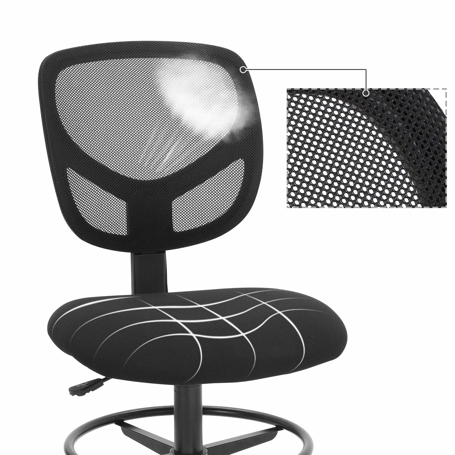 SONGMICS Silla de Malla Giratoria, Altura y Reposapiés Regulables, Silla de Dibujo Ergonómica, Silla de Oficina sin Reposabrazos, Asiento de Tela, Carga máxima de 120 kg, Negro OBN15BK