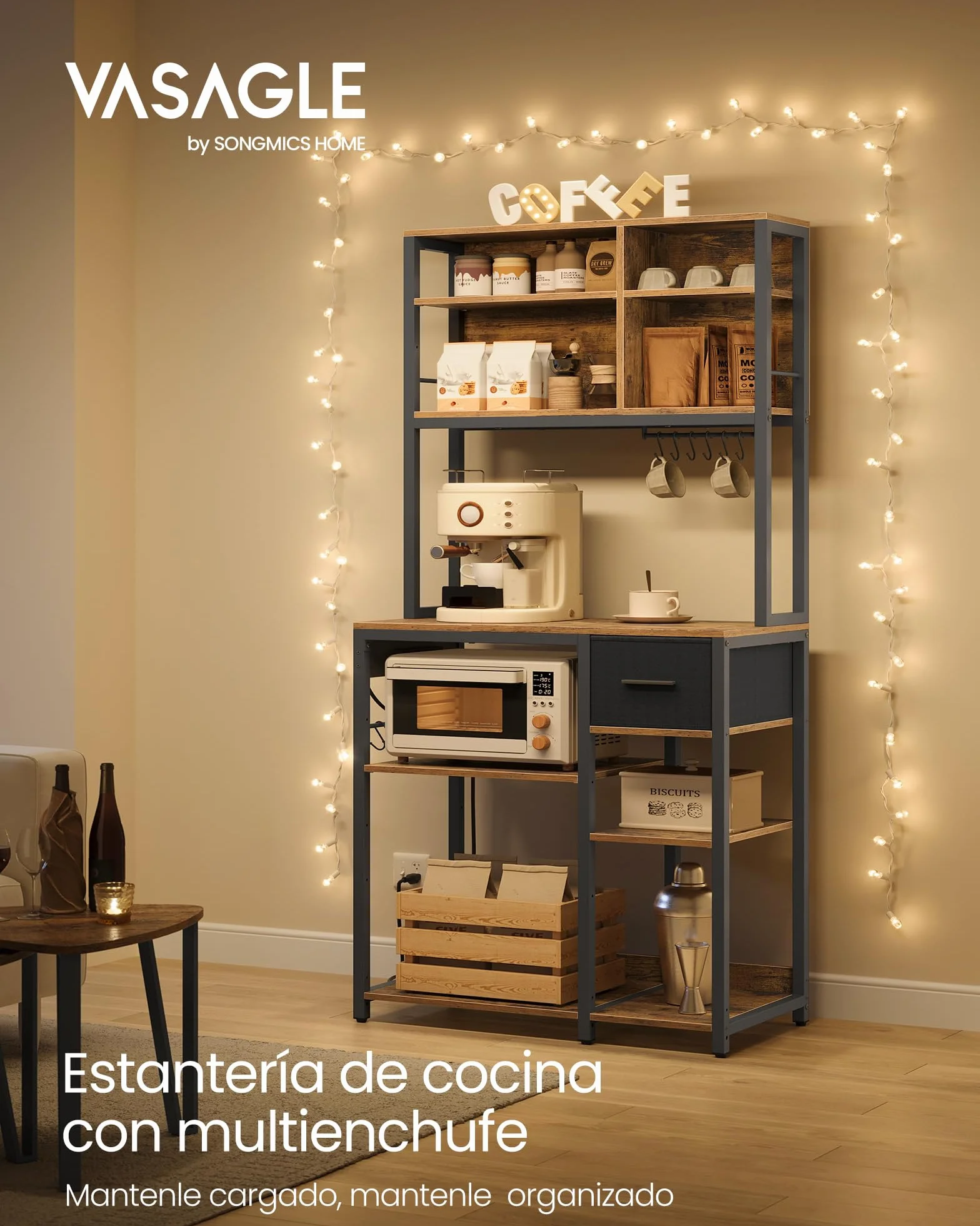 VASAGLE Estanteria Cocina con Multienchufe, Mueble Auxiliar de Cocina, Cajón de Tela, 40 x 80 x 180,4 cm, Estante de Microondas, 12 Ganchos, Marrón Rústico y Negro Tinta KKS015K03