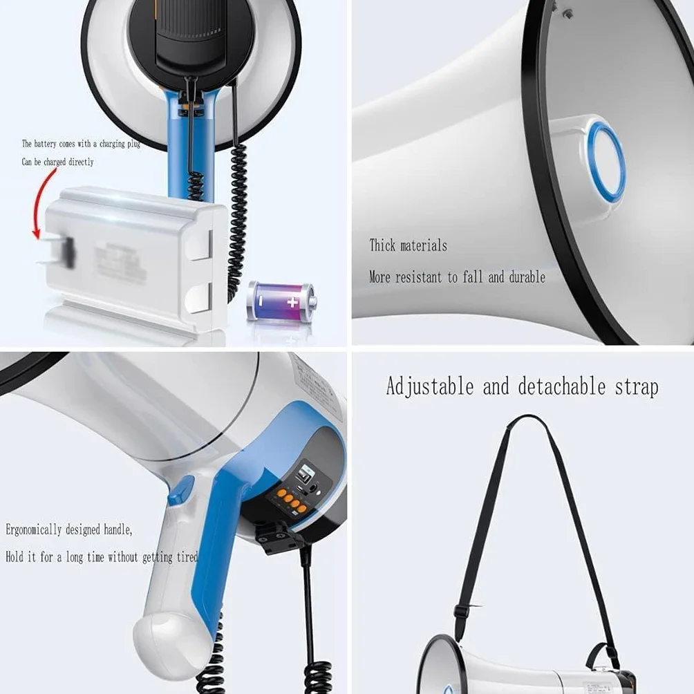 Megáfono de Mano 100W con Control de Volumen y Sirena USB Portátil