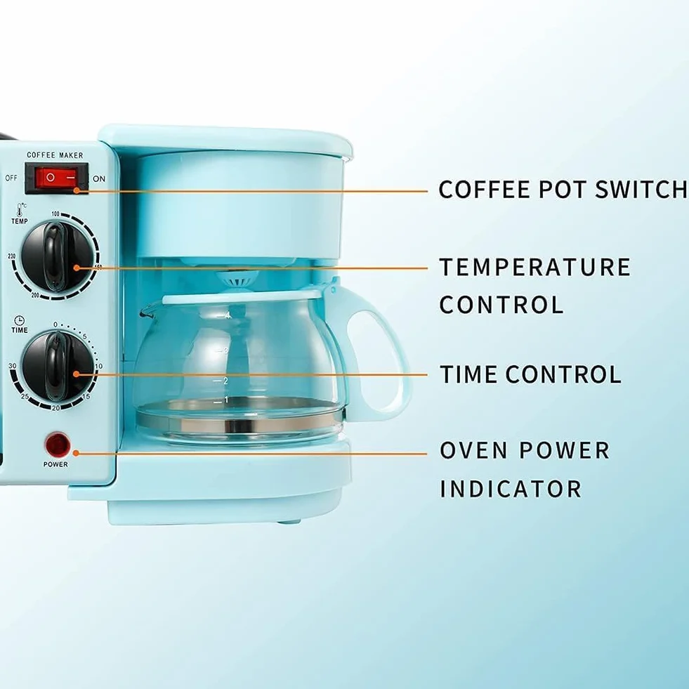 Máquina de Desayuno Eléctrica 3 en 1, Estación de Desayuno Multifuncional de 1050 W con Cafetera, Control de Temperatura de 100-230 ° y Temporización de 30 Minutos, Mini Horno para Máquina Blue