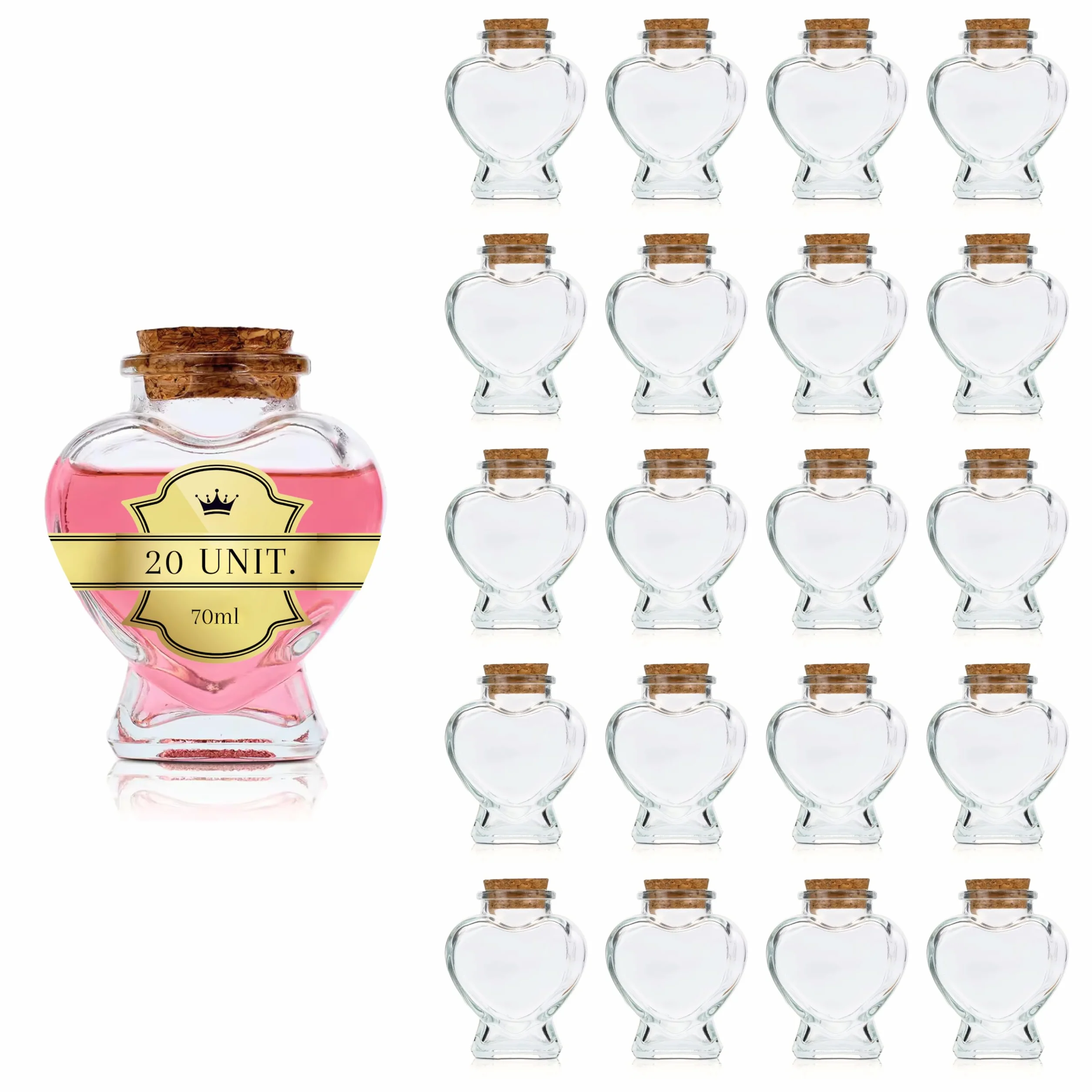 Espirito Rebelde 20 Frascos Mágicos en Forma de Corazón de 70 ml con Tapón de Corcho | Frascos de Cristal para Bodas, Bautizos, Comuniones, Regalos y Decoración de Eventos