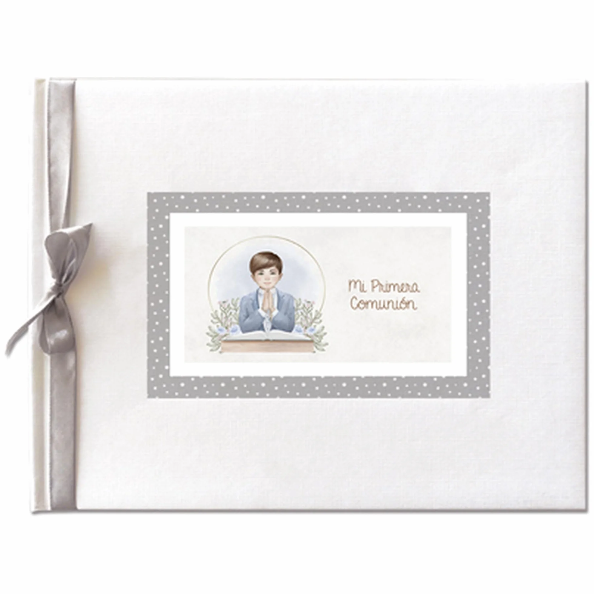Libro de Firmas Comunión Niño – Álbum de Recuerdos con Portada Acolchada en Guaflex Blanco Elegante, Lazo Plateado, Papel 160 g, 64 Páginas, 27,5 x 23 cm – Presentación en Caja Transparente