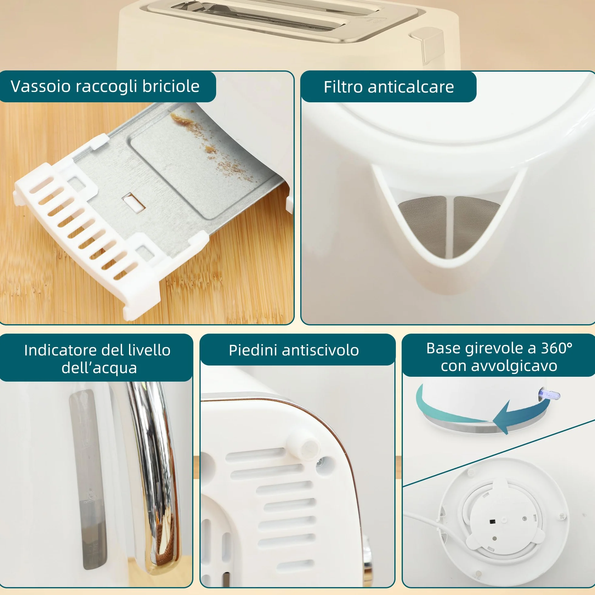 HOMCOM Juego de desayuno tostador de 2 rebanadas y ranura ancha con 7 niveles de tostado y bandeja recogemigas, Hervidor eléctrico de 1,7L 2200W con termostato Otter y filtro antical, Blanco