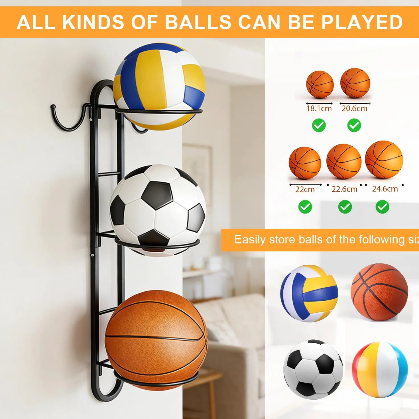Soporte Balón Fútbol Colgante de Pared 3 Pisos, Extraíble para 3 Balones, Metal, Ahorra Espacio