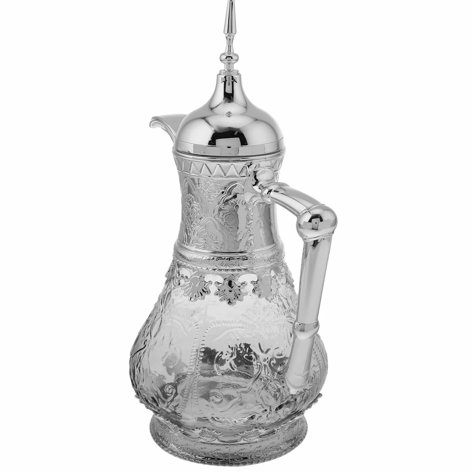 Jarra de Vidrio con Tapa 1,6 L Estilo Árabe para Agua Fría para Nevera de Vidrio Plateado para Servir Bebidas Frías y Sangría Diseño Medio Oriente Uso Versátil en Cocina