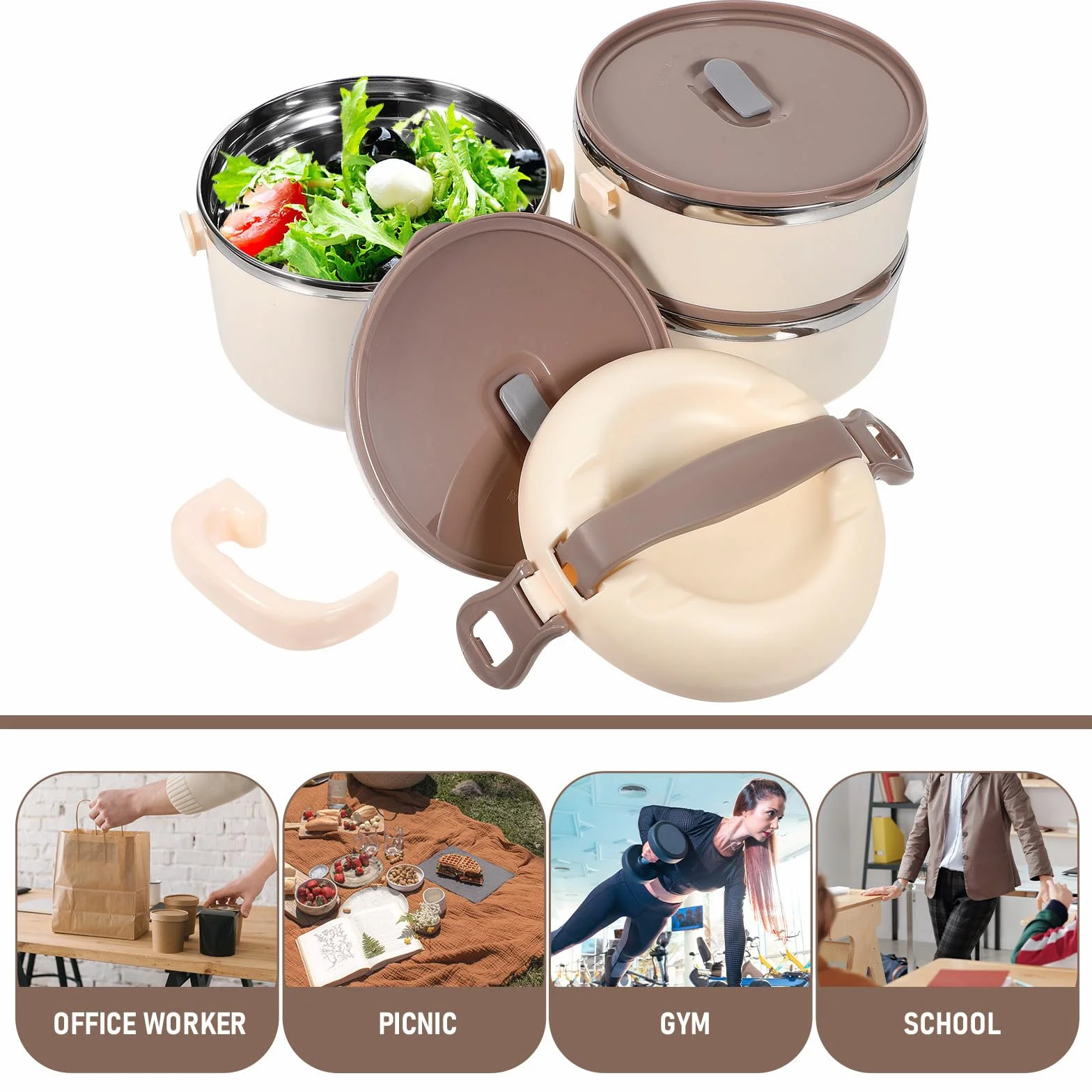 Fiambrera de Acero Inoxidable Térmica de 3 Capas 1, 75 L Beige | Acero Inoxidable, Abs y Pp, Tanque Interior Apto para Microondas, Diseño Desmontable y Portátil