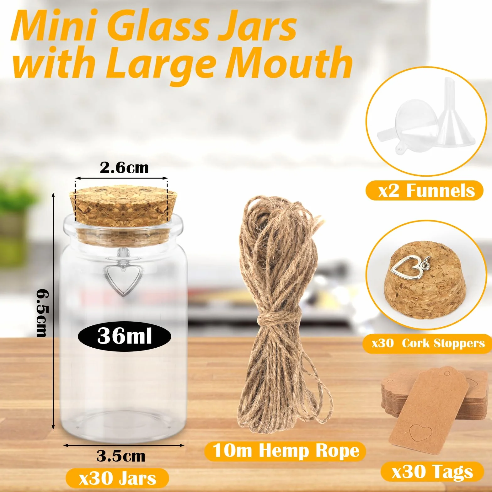 30 Piezas Mini Botellas de Cristal con Tapon Corcho, 36ml Botes Pequeños para Boda de Almendras, Botellitas Frascos de Vidrio con Colgante en Forma de Corazón, Regalitos Invitados Bodas