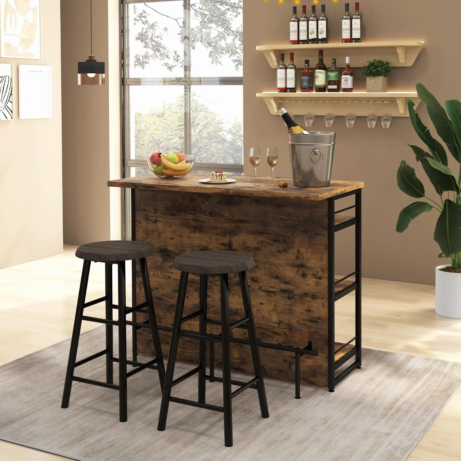KOMFOTTEU Mesa Alta de Bar para Cocina, Mesa Barra de 4 Niveles con Botellero y Soporte para Cristal, Mueble de Comedor con Reposapiés, 120 x 60 x 101 cm (Industrial)