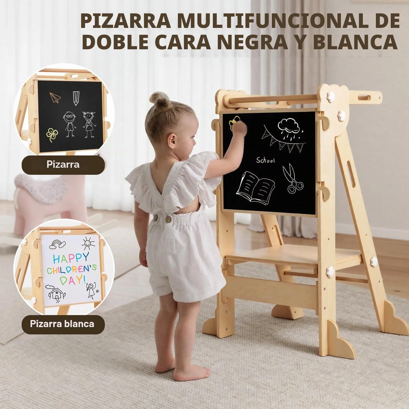 Labebe Torre de Aprendizaje Plegable Niños, Montessori Learning Tower 3 en 1 Multifuncional Ajustable en Altura y Ancho