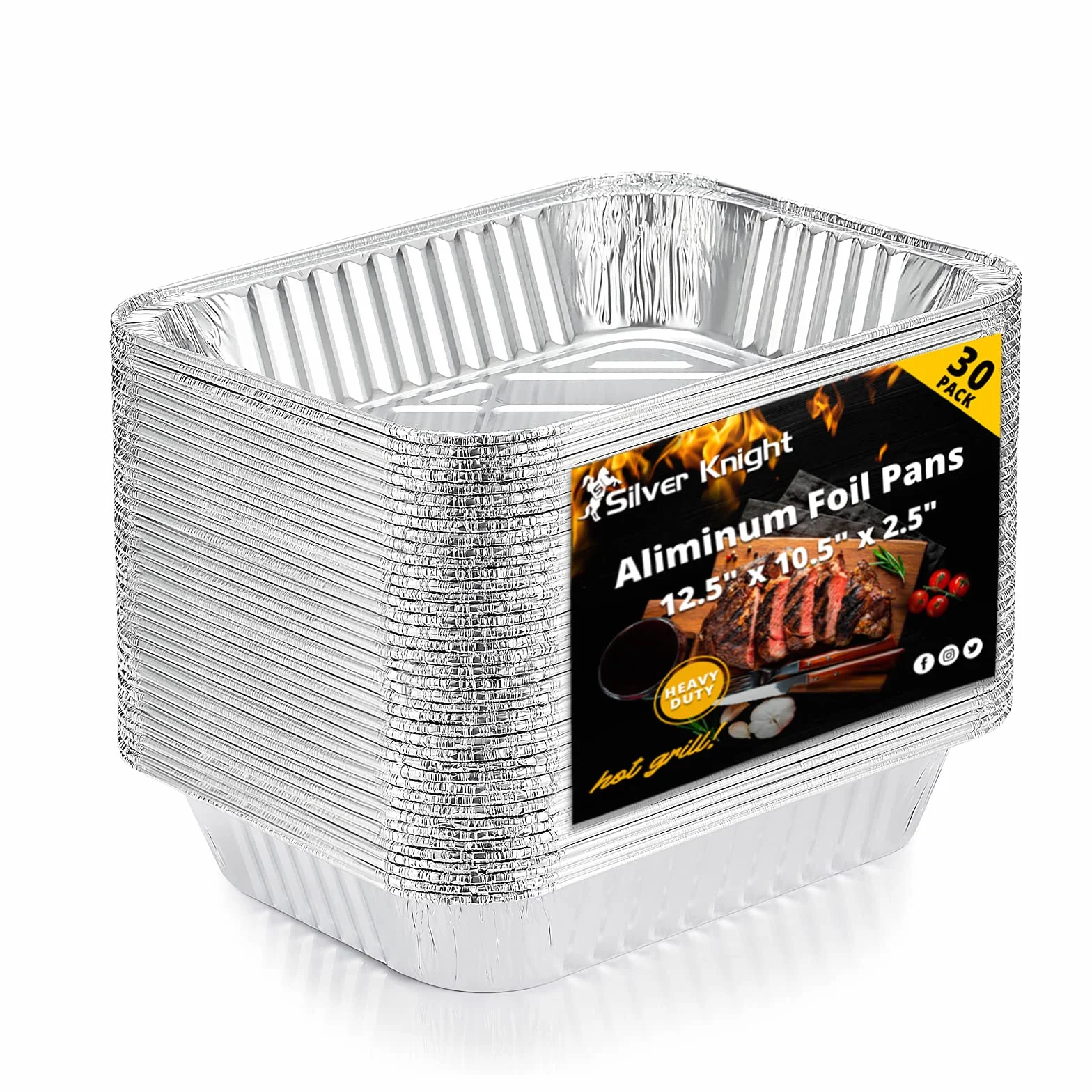 Silver Knight Sartenes desechables de aluminio de 9 x 13 pulgadas (paquete de 30), sartenes de mesa de vapor profundo de tamaño medio extra grueso para hornear, cocinar, asar, calentar