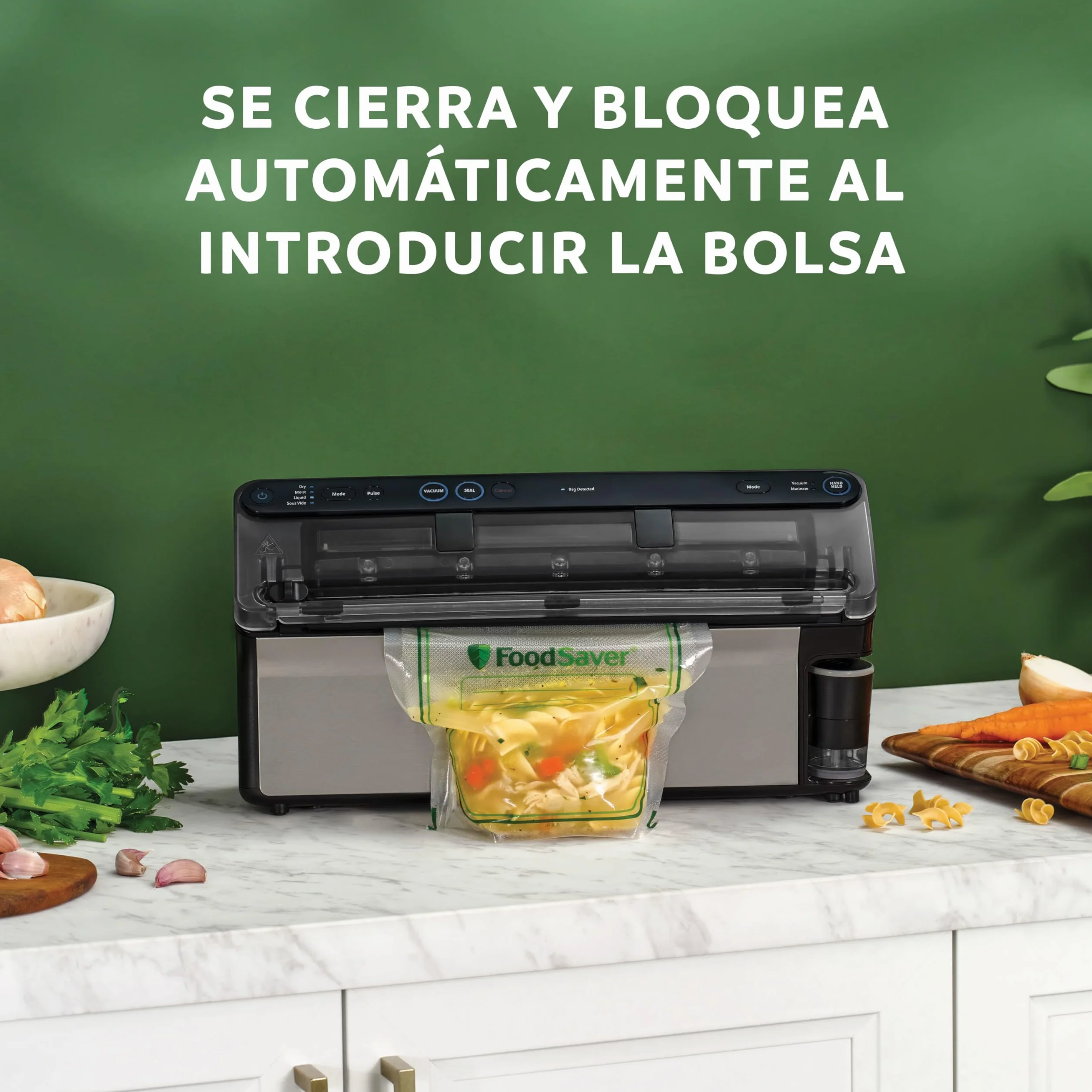 FoodSaver Envasadora al vacío Elite All-in-One Liquid+ | Alimentos hasta 5 veces más frescos* | Sellado de líquidos | Con 1 rollo (28 cm x 2,43 m) y 4 bolsas para envasar al vacío (0,94 L y 3,78 L)