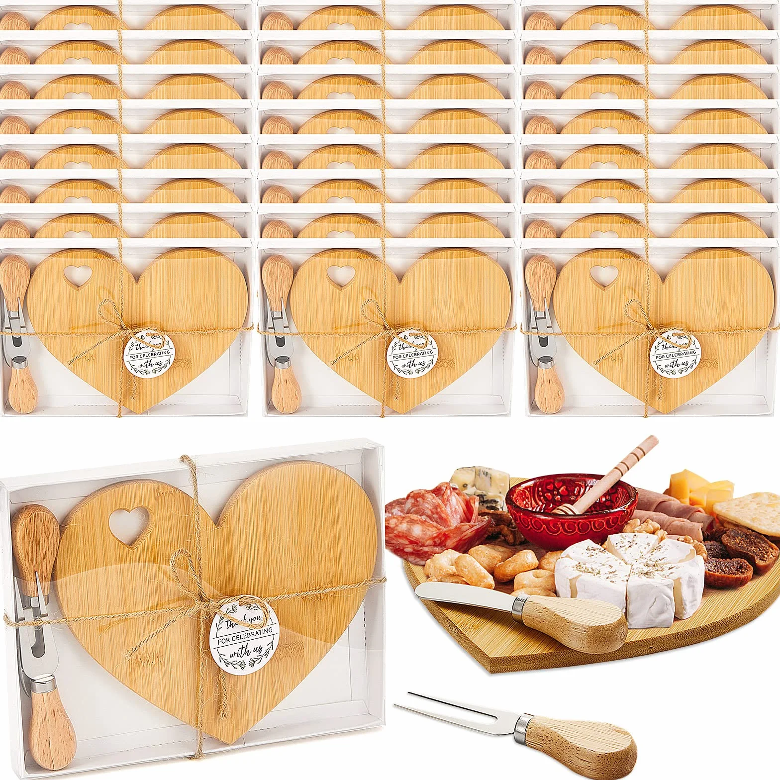Patelai Juego de 24 cuchillos de madera con forma de corazón para fiesta de despedida de soltera, etiquetas de agradecimiento con caja blanca, regalos de baby shower, premios para invitados, boda,
