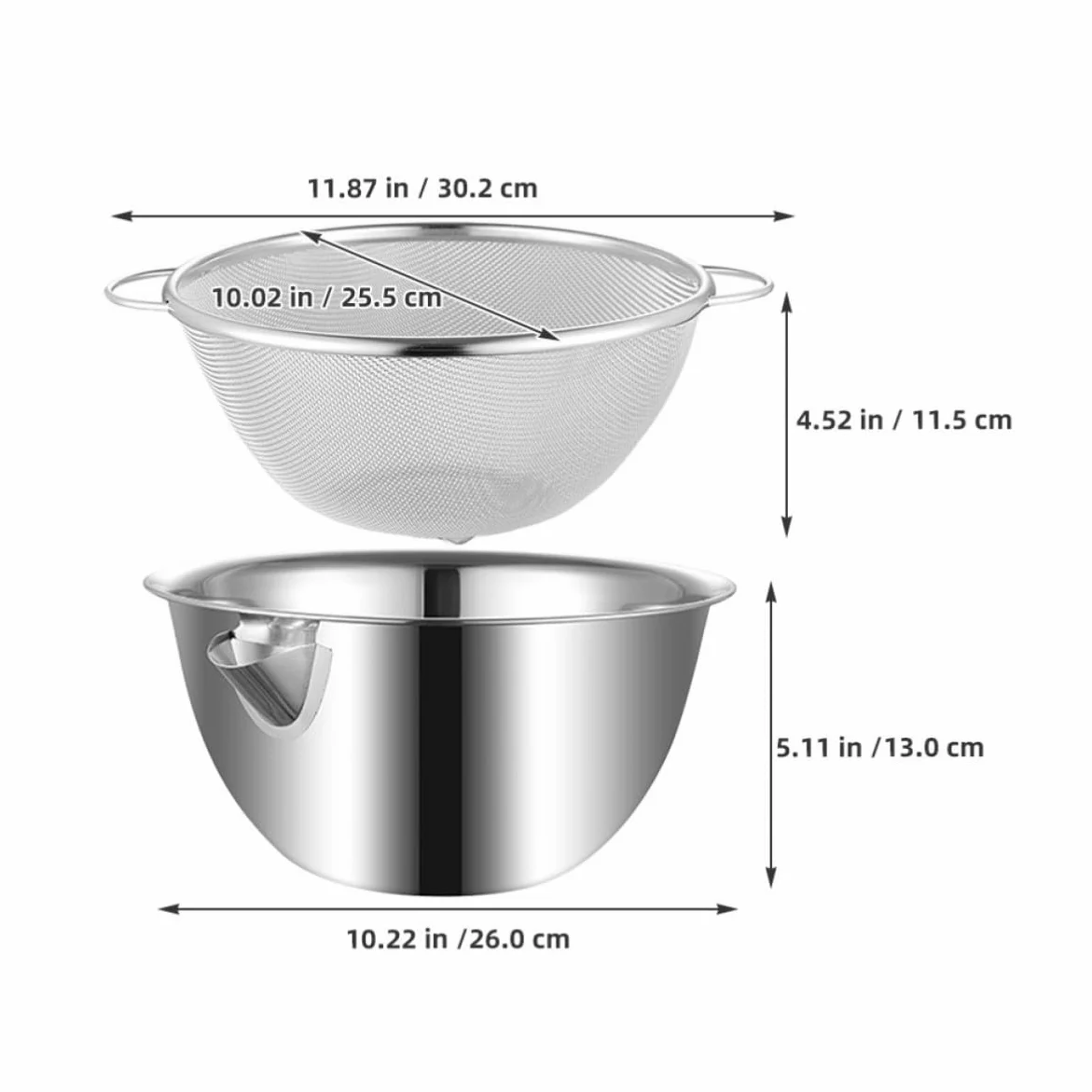 Colador de Acero Inoxidable con Función Integrada de Drenaje, Tazón Grande para Mezclar y Lavar Arroz, Adecuado para Cocina y Repostería, 1 Set Plata
