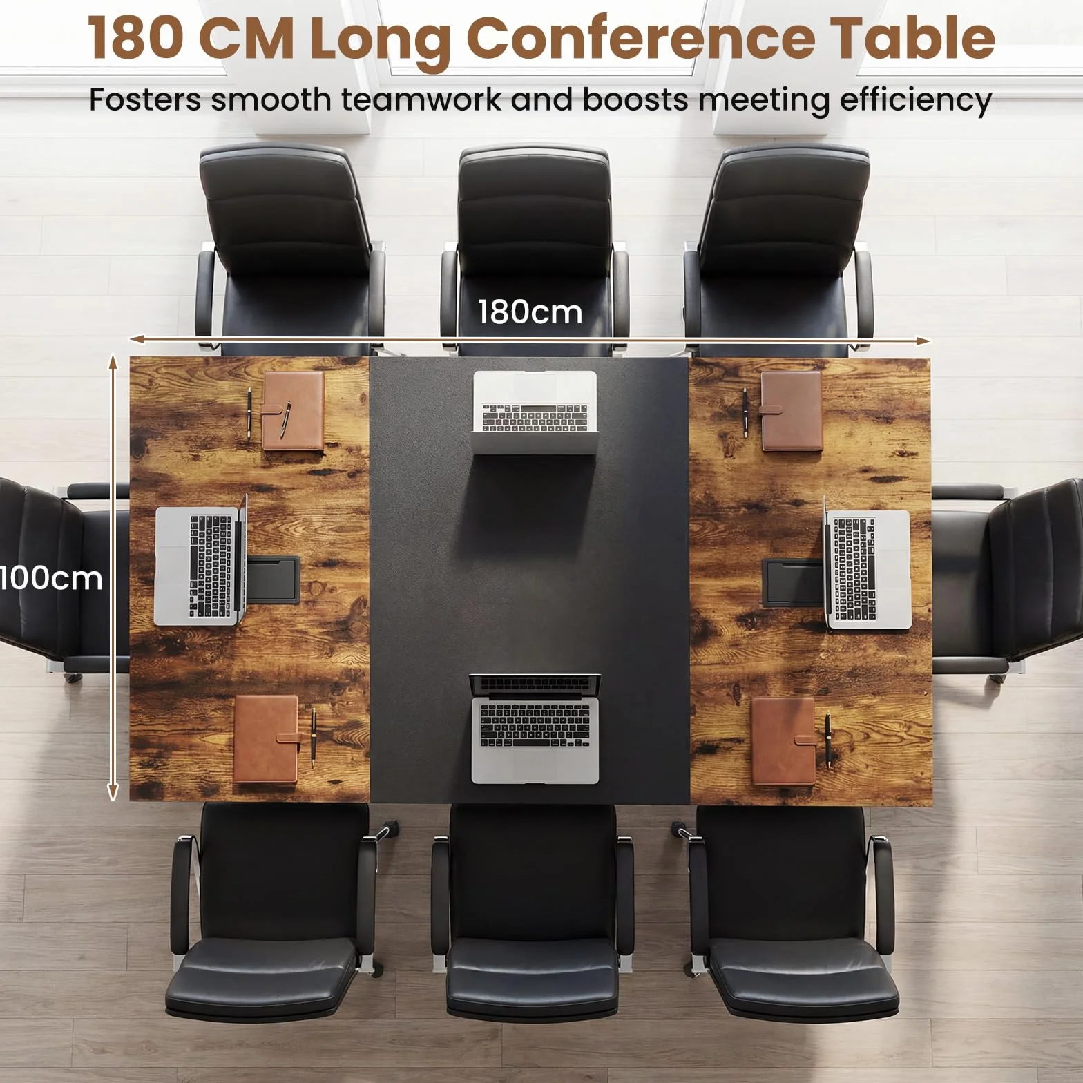GIANTEX Mesa de Conferencia Rectangular 180x100cm, Escritorio para 6-8 Personas con 2 Pasacables, Estructura Metálica, Estilo Industrial, Mesa de Reunión para Oficina, Casa