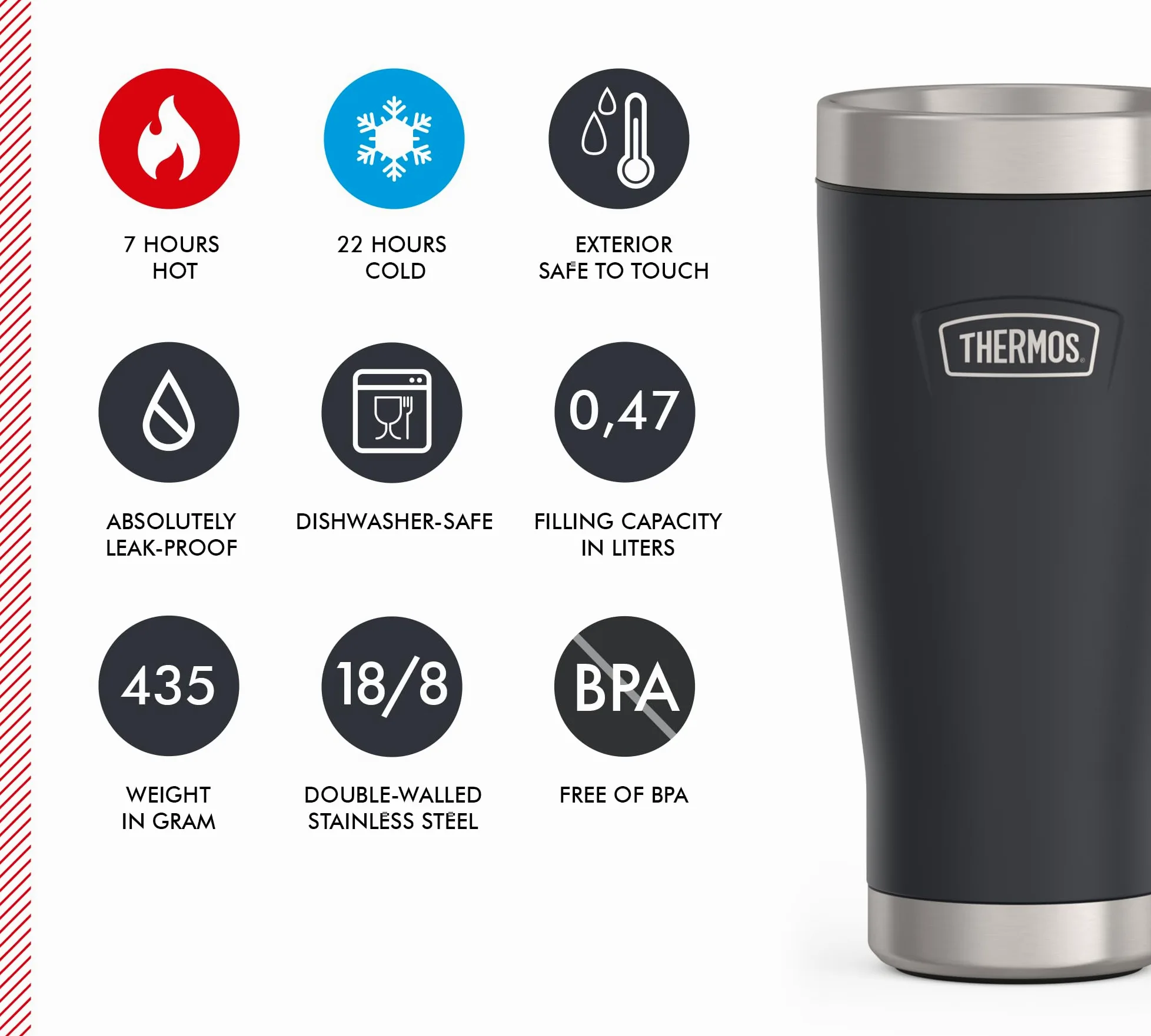 Thermos ICON MUG 0,47 l, gris oscuro/grafito mate, taza térmica de 470 ml, taza de café para llevar, de acero inoxidable, vaso térmico, 7 horas de calor/22 h frío, apto para lavavajillas, | Taza térmica de acero inoxidable a prueba de fugas, 22 horas, apt