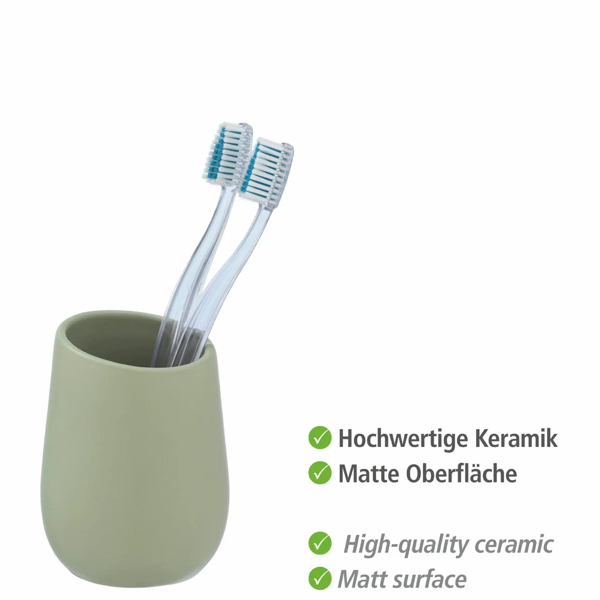 WENKO Vaso higiene dental Badi cerde suave cerámica - Soporte para cepillos de dientes, para cepillos y pasta de dientes, Cerámica, 8 x 11 x 8 cm, Verde
