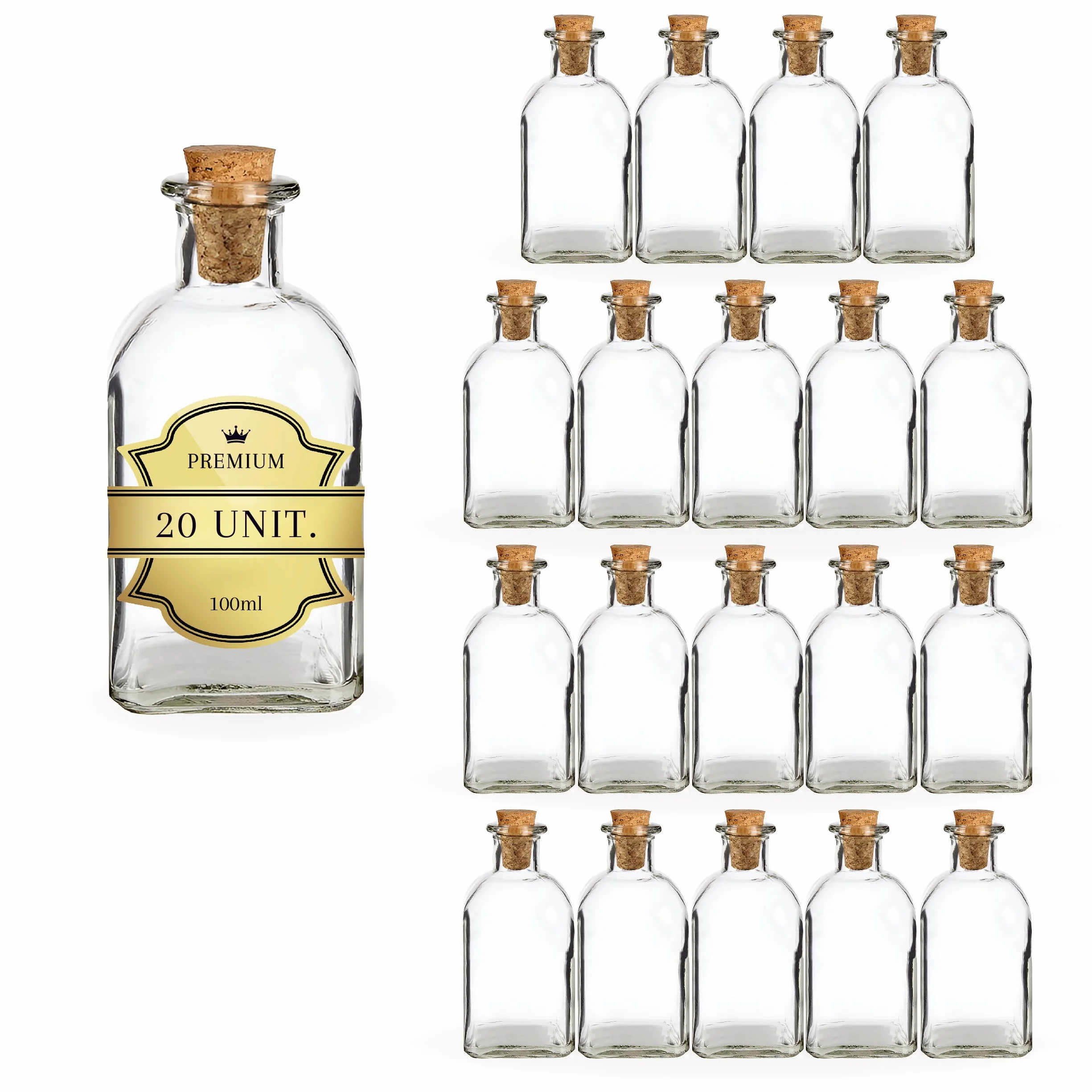 Espirito Rebelde 20 Botellas de Vidrio 100 ml con Tapón de Corcho – Botellas Cuadradas para Licor, Whisky, Ron y Vino
