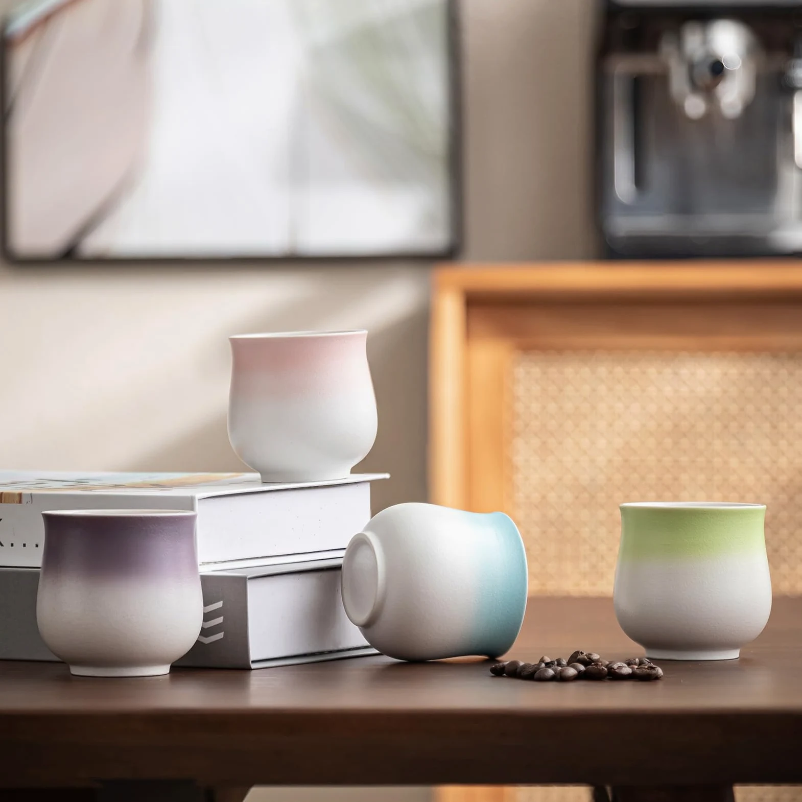 Juego de tazas de café espresso de cerámica de 4.5 onzas, tazas de capuchino, tazas Demitasse para café o té, tazas pequeñas de café con leche sin asas (rosa degradado, 4)