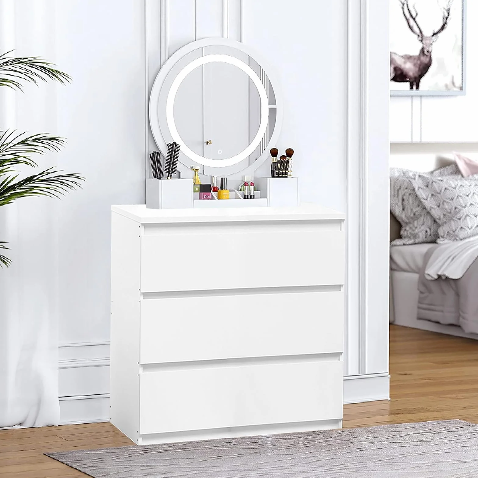Cómoda Blanca con 3 Cajones, Cómoda y Cajonera Dormitorio Mueble de Cajonera Blanca Moderno Gavetero Alta 75 cm Almacenamiento Sinfonier para Dormitorio Salón Oficina (3 Cajones)