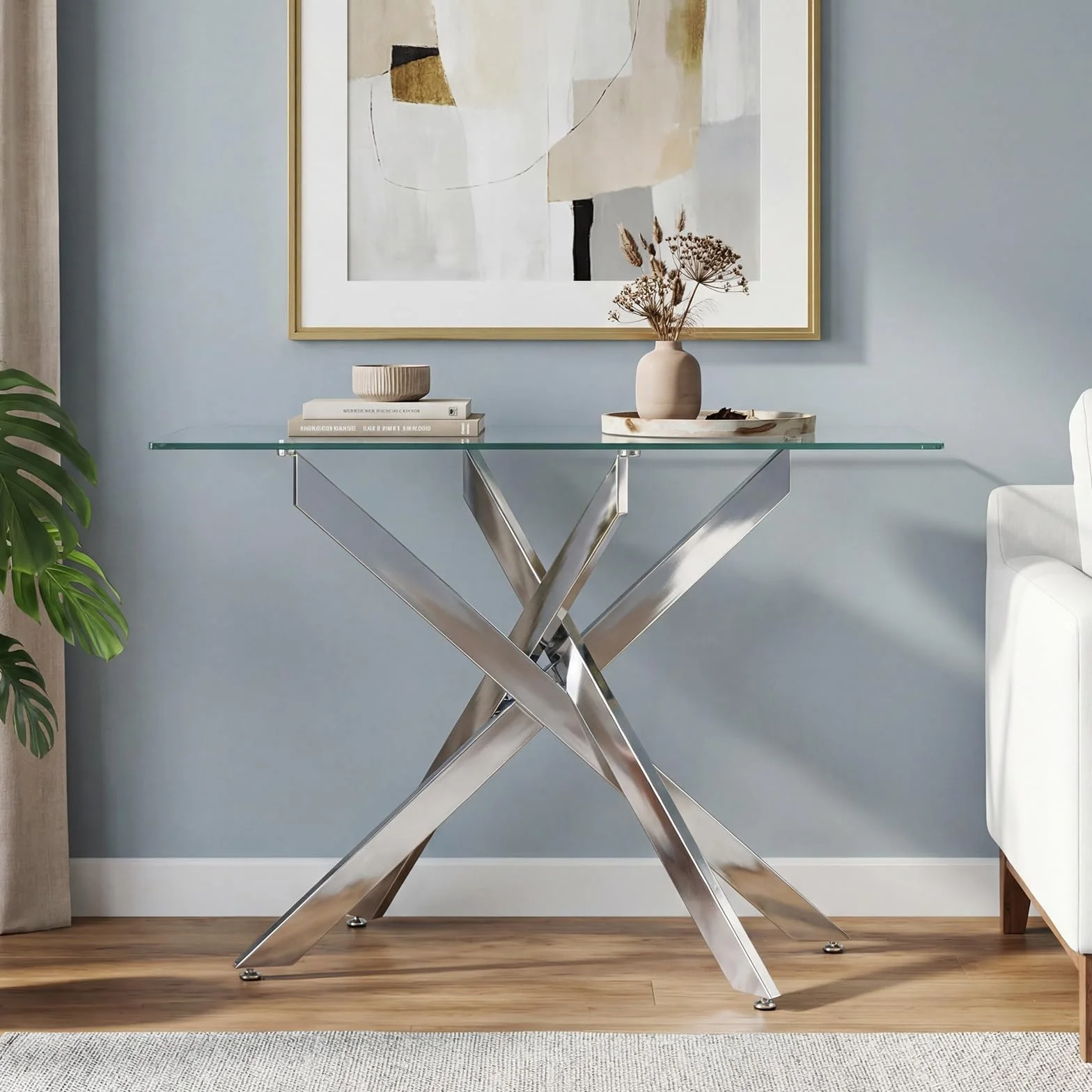 COSTWAY Mesa Consola de Cristal, Mesa de Entrada con Tablero de Cristal Templado y Patas Tubulares de Metal, Mesita Ayxiliar para Salón Pasillo Entrada, 115 x 45 x 78 cm (Plata)