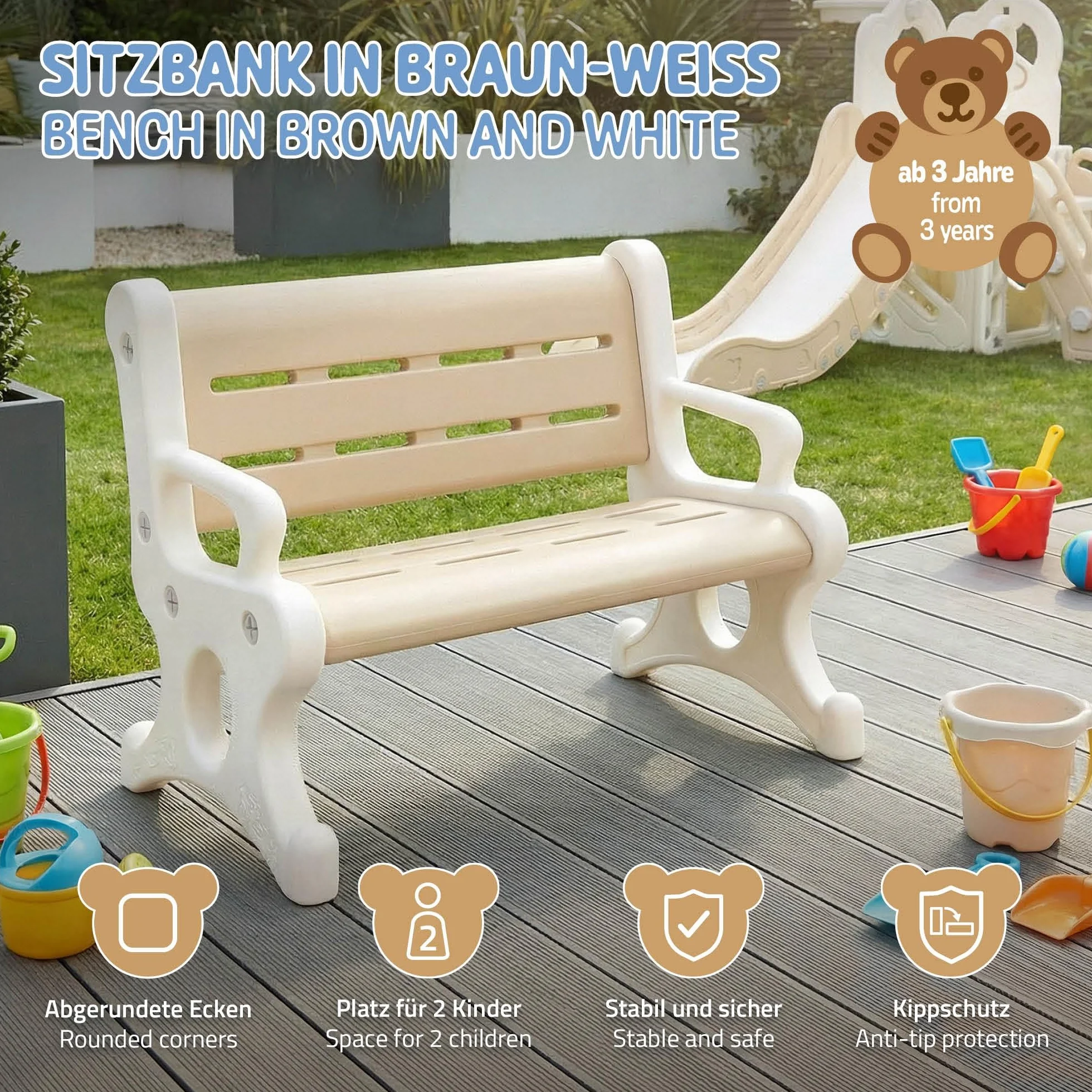 Joyz Banco Infantil Exterior 2 Asientos Plástico Marrón Blanco Resistente Intemperie 81,5x59,5x48 cm