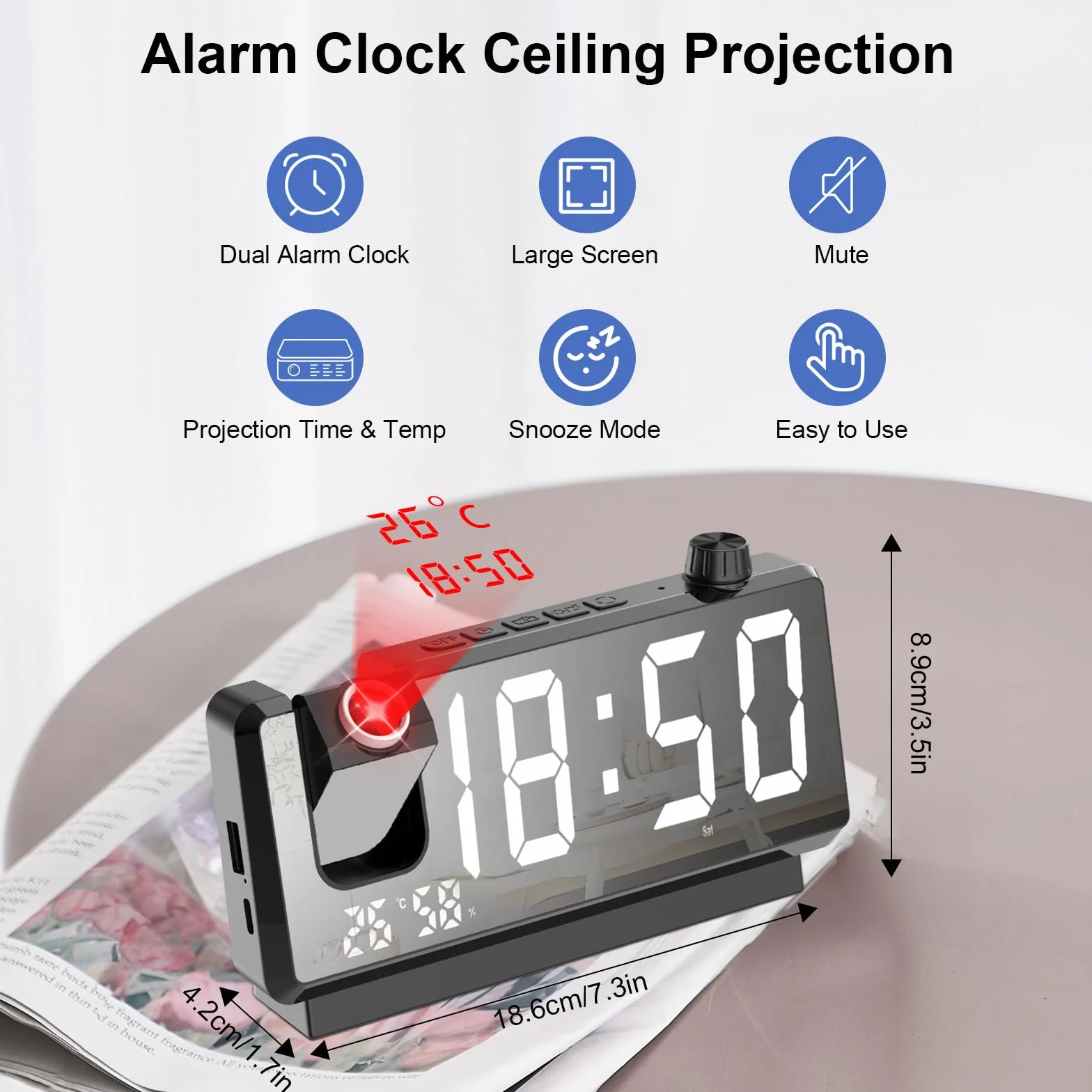 Cuteefun Reloj Proyector Techo, 7 Pulgadas Despertador Digital, Proyector de 180°, Puerto USB Doble, Temperatura y Humedad, Brillo de 3 Niveles, 12/24H, Doble Alarma, Snooze, Negro
