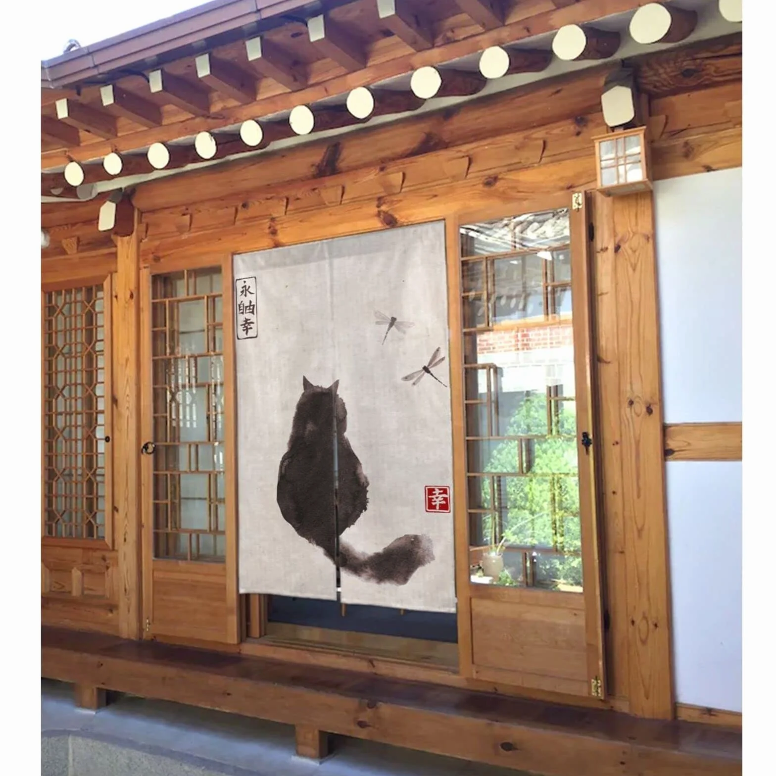 Cortina Japonesa Noren para Puerta, con diseño de Gato y libélula, Pintura de Tinta, para Restaurante, decoración del hogar, Talla única