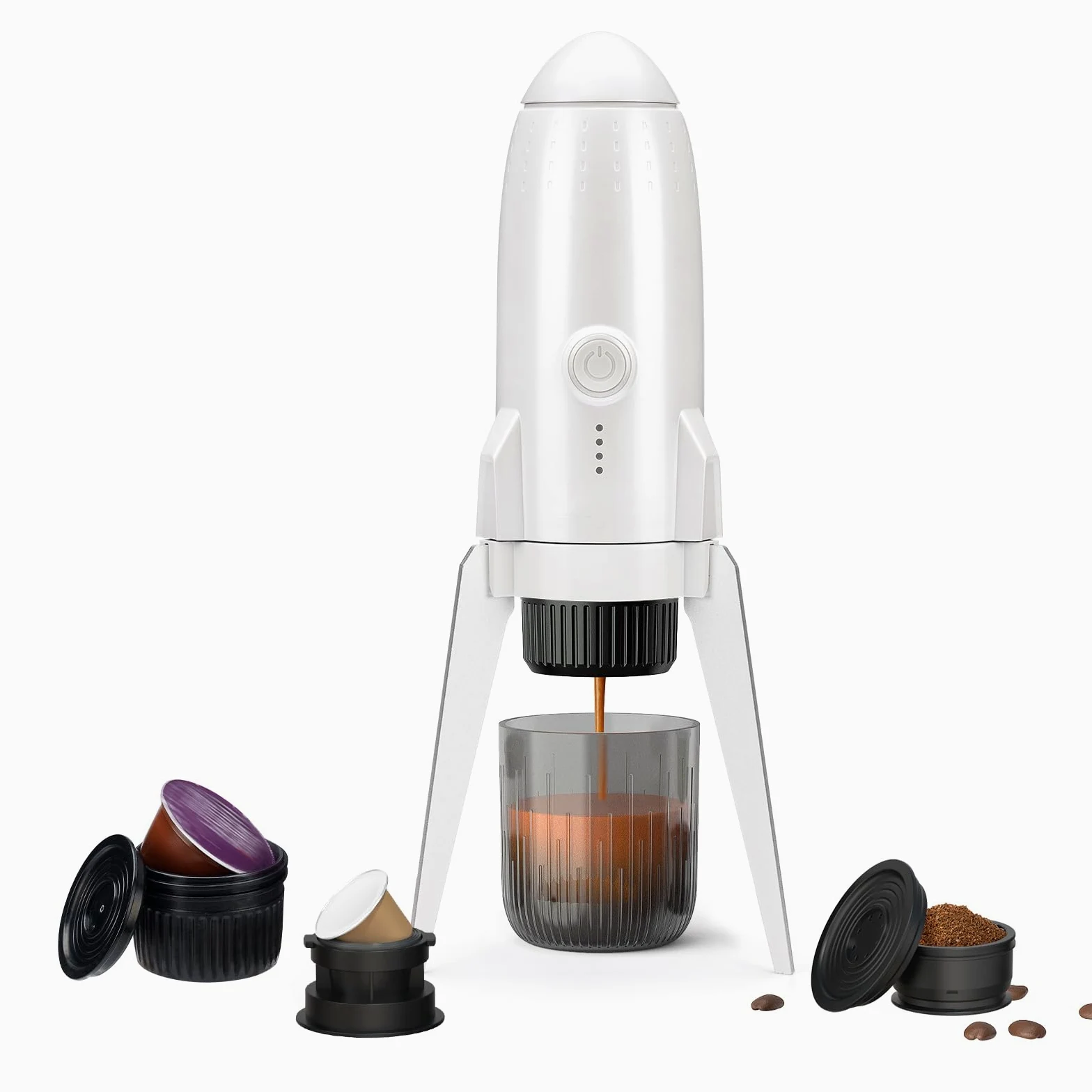 Cafetera expreso portátil 3 en 1 para llevar, cafetera expreso eléctrica autocalentable, mini cafetera para viajes, camping/senderismo, para café molido y cápsulas NS/DG, color blanco