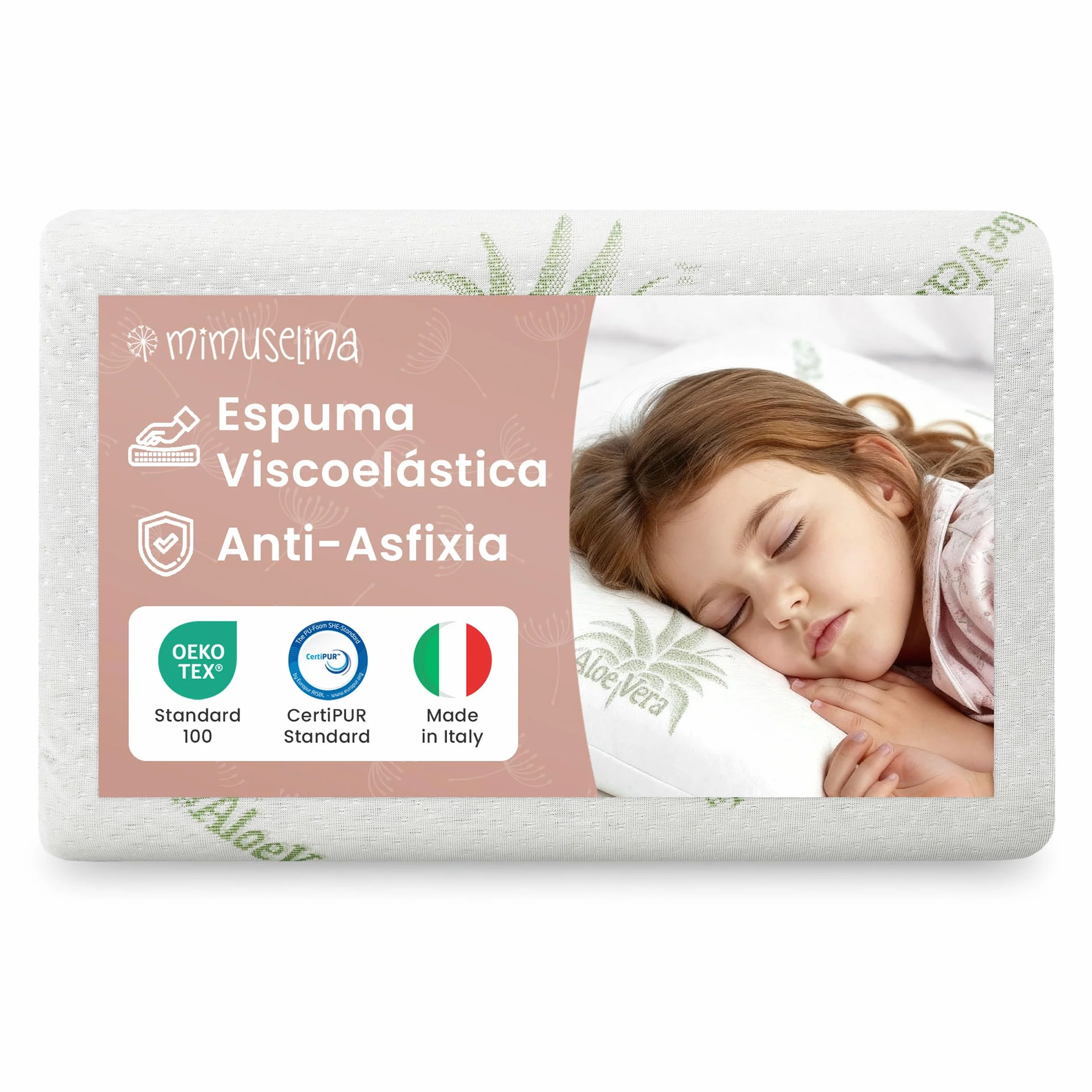 MIMUSELINA Almohada Bebe Viscoelástica Memory Foam 50x30x5,5 Transpirable Antisofocos Funda Aloe Vera Hipoalergénica