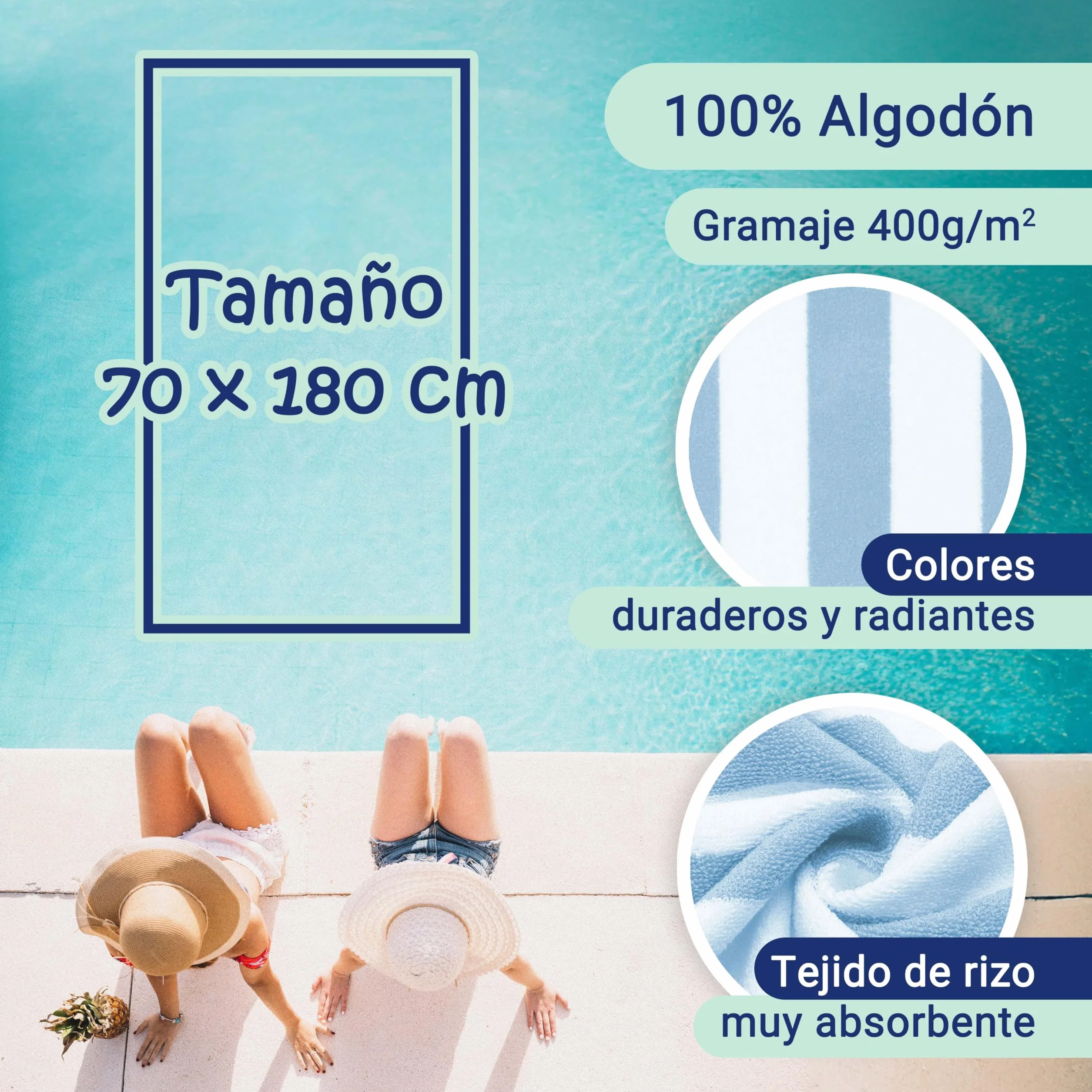 ZOLLNER Juego de 2 Toallas de Playa - Toallas de baño Resistentes y absorbentes en 70x180 cm - Lavables hasta 60°C - algodón - diseño Atemporal a Rayas en Azul Claro - Certificado Oeko Tex