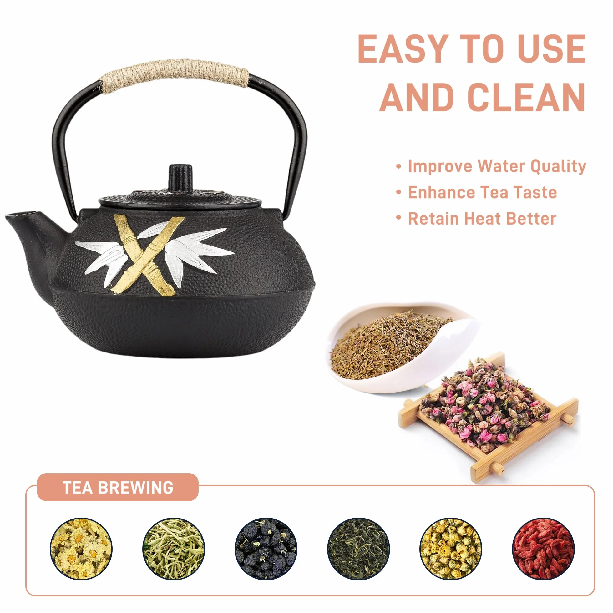 Tetera de hierro fundido, tetera japonesa de hierro fundido con infusor de acero inoxidable para estufa segura (27 onzas/800 ml)
