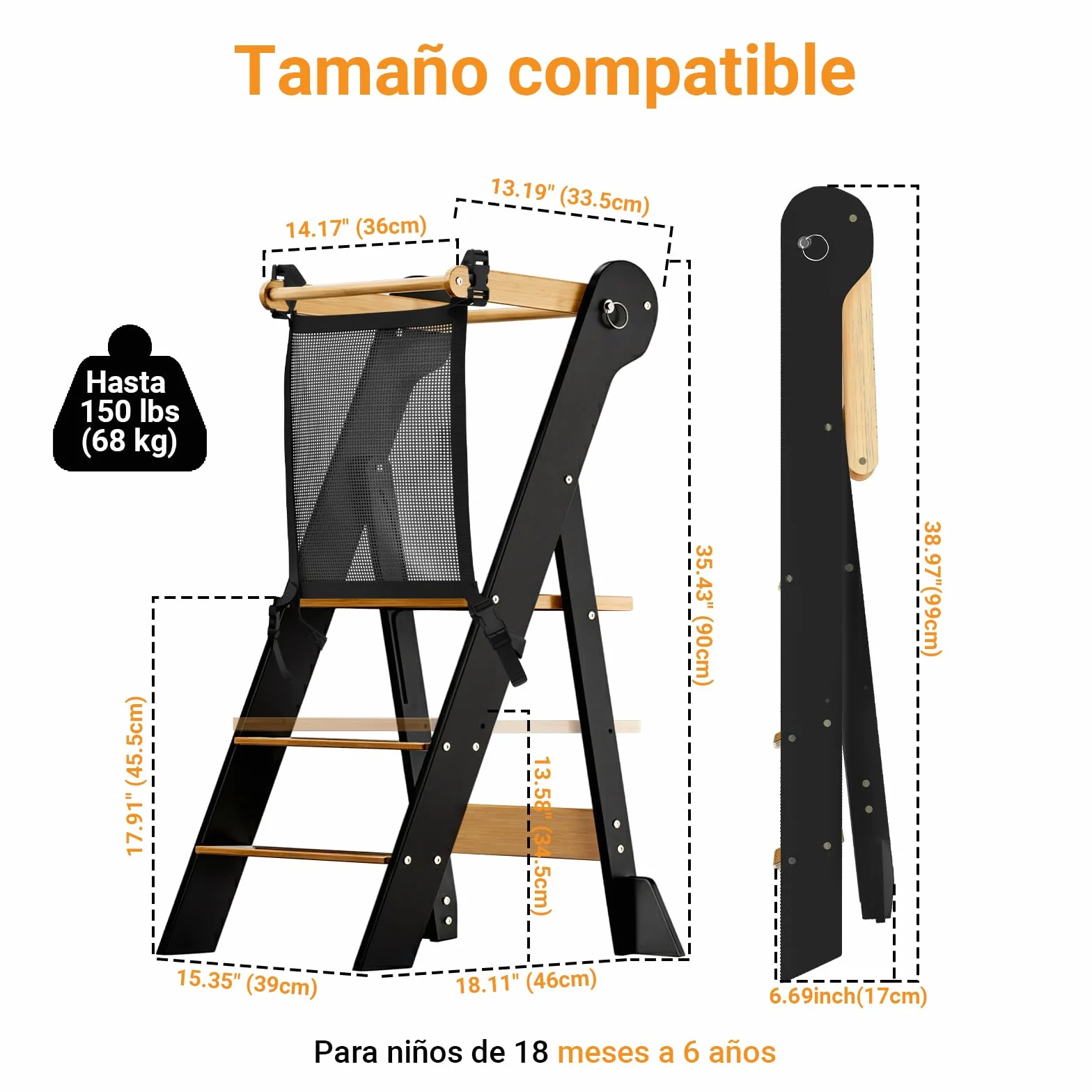 COSYLAND Torre de Aprendizaje Plegable 2 Alturas Ajustable para Niños 18 Meses a 6 Años Negro Natural