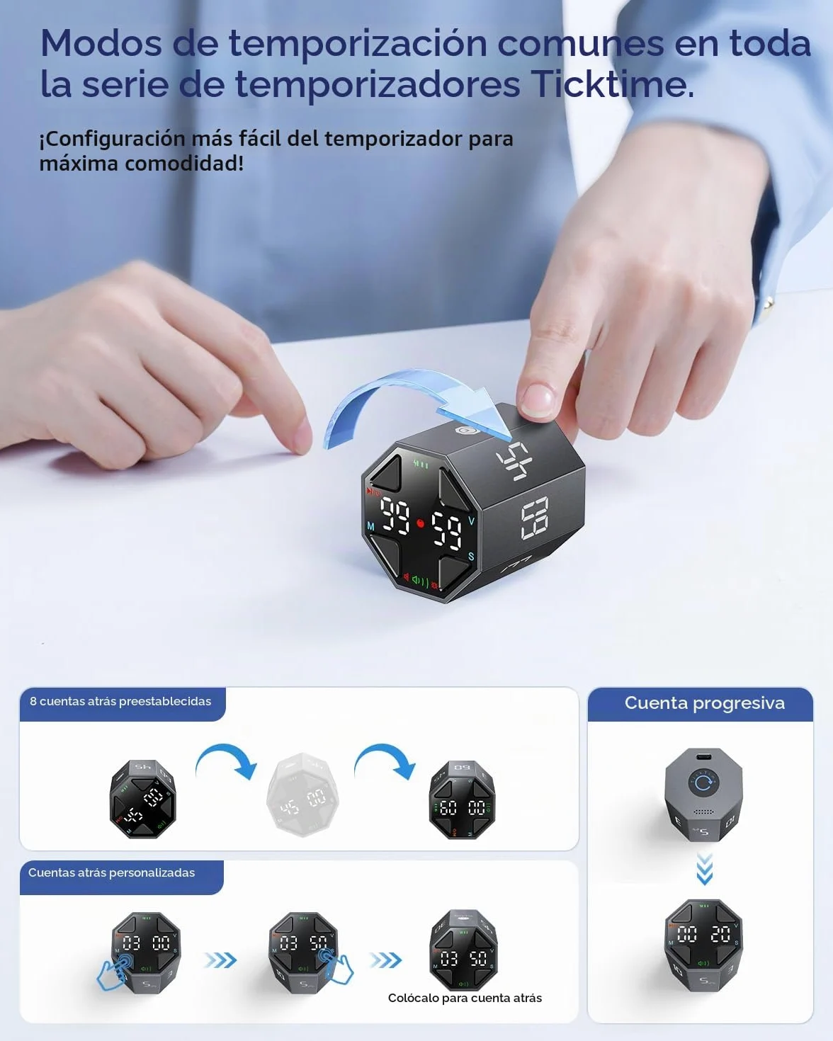 Ticktime T8 Pomodoro Timer para Enfoque, Estudio, Trabajo, Tareas, TDAH | Timer Pomodoro, Flip 3/5/10/15/30/45/60 min Countdown, Timer y Cronómetro, Pantalla Clara, 3 Avisos, Flip Pausa y Reanuda