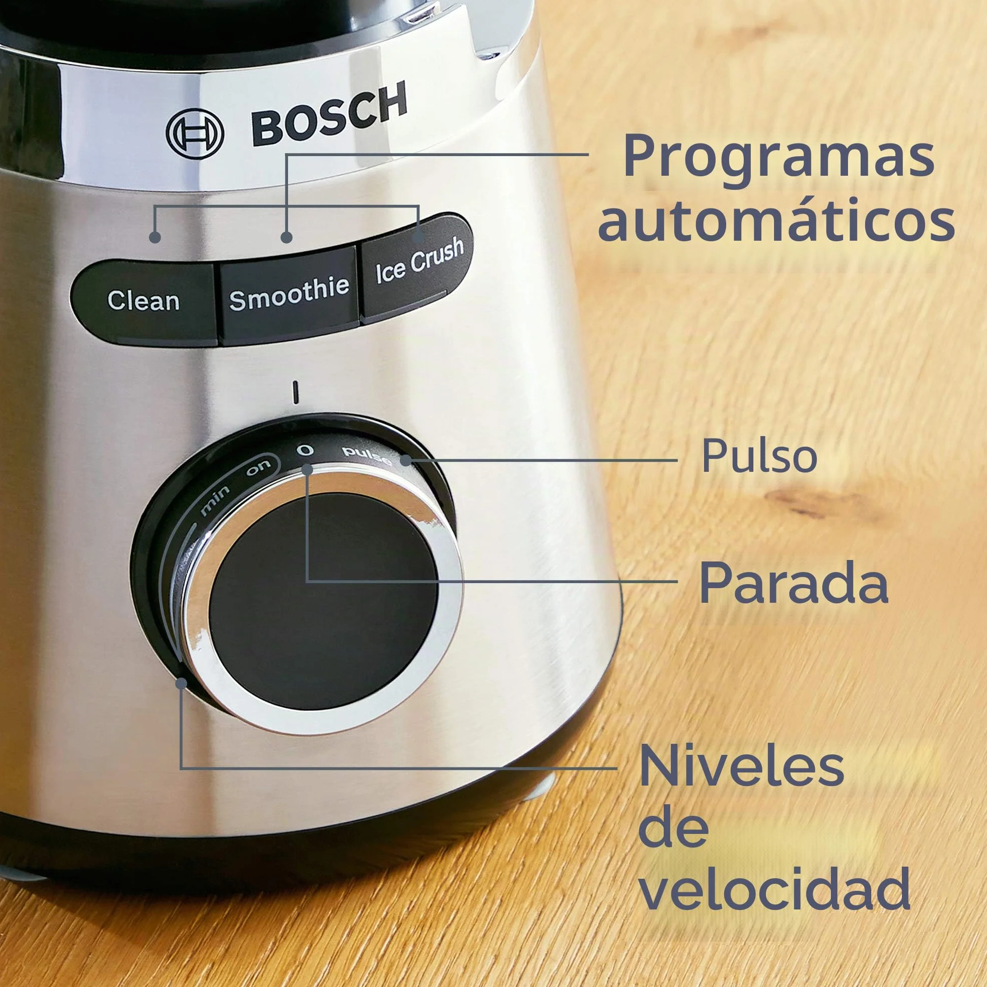 Bosch - Batidora de Vaso VitaPower, 1200 W, 1.5 litros, Jarra de cristal ThermoSafe, Cuchillas EasyClick, Programas Automáticos, Acero y Negro, MMB6382M