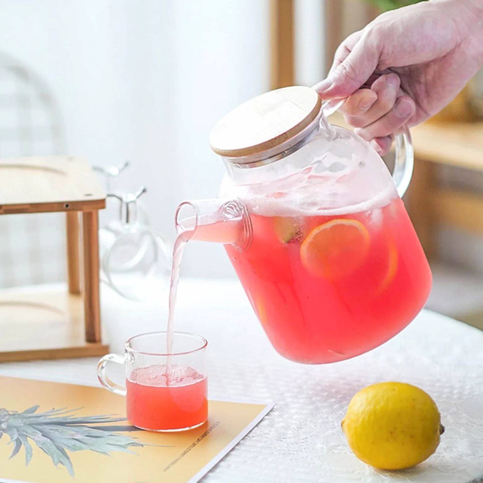 Jarra Agua Fria Jarra de la casa con el conjunto de la taza de vidrio Transparente Tetera de agua bebida Jugo con la bandeja de la oficina Regalo Botella de agua Webware Jarra Agua Detox Frutas