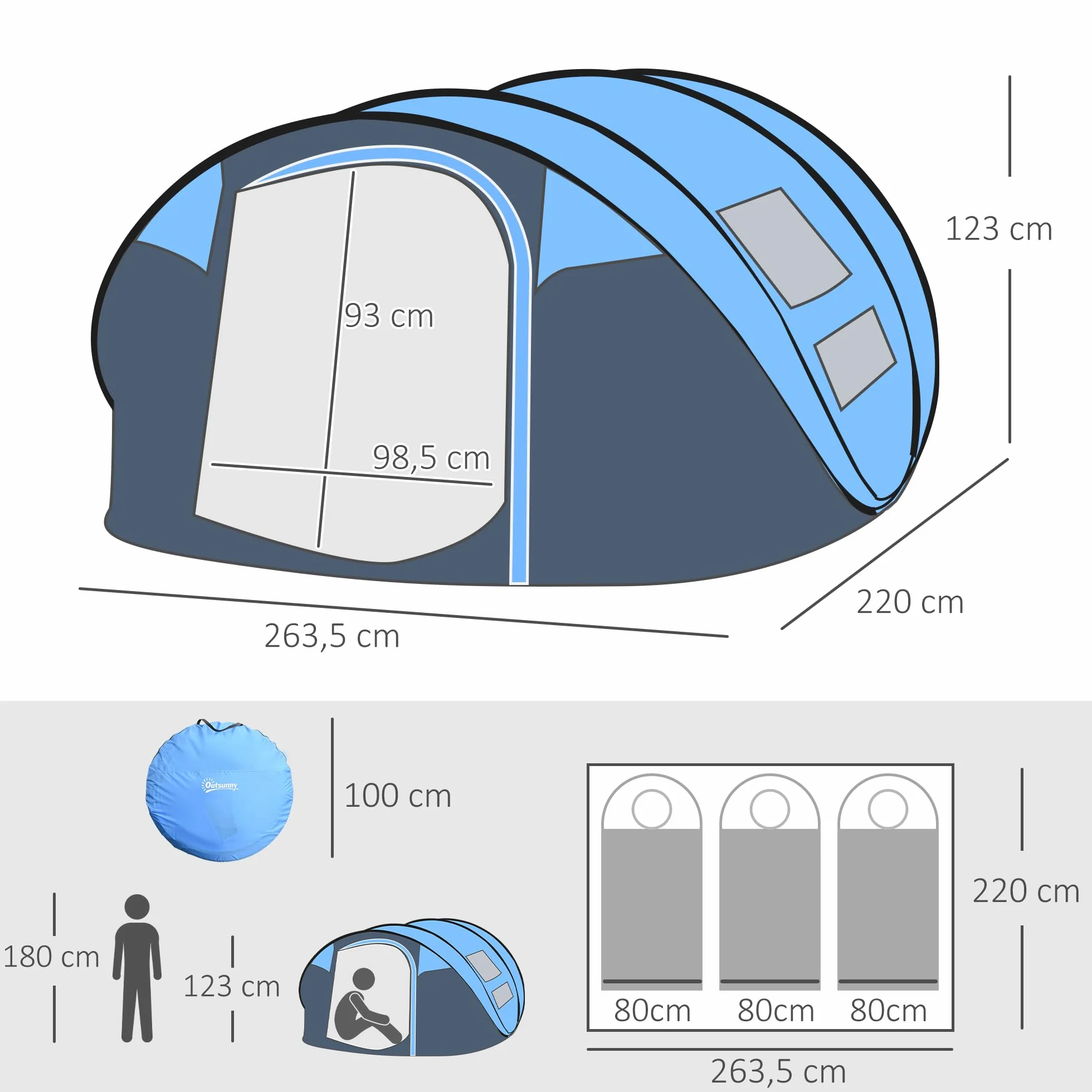 Outsunny Tienda de Campaña Pop up 4-5 Personas Impermeable Anti-UV 263,5x220x123 cm