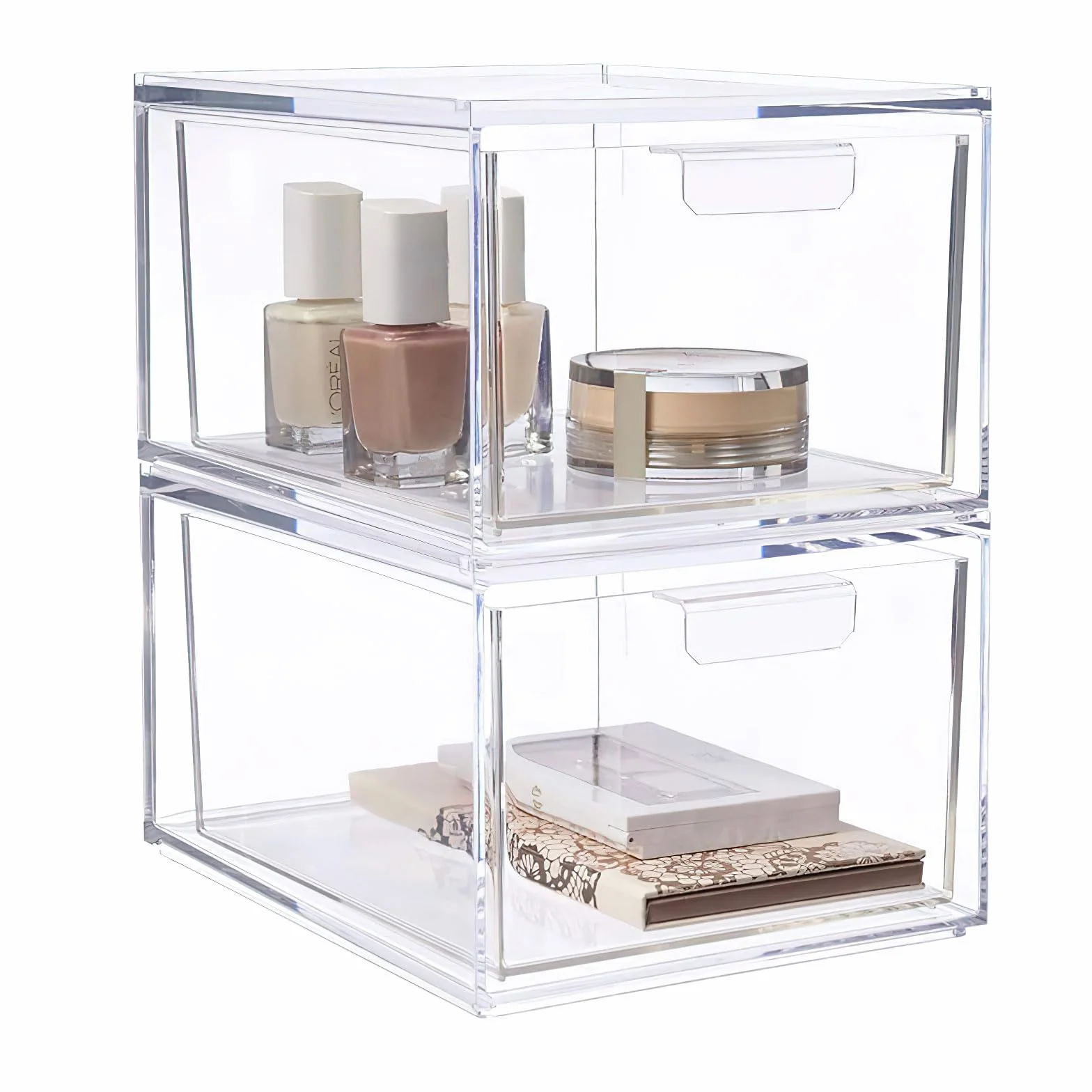 2 Organizadores de Cajones para Baño, Organizador de Baño y Cosméticos, Cajón de Acrílico Transparente, Blanco