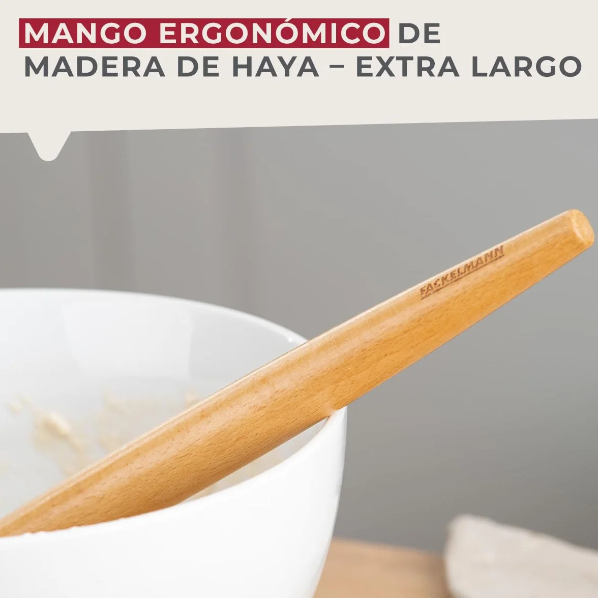 Fackelmann Batidor de masa para pasta, focaccia y masa, batidor para masas aireadas, batidor danés con mango ergonómico de madera de haya, color plata/marrón