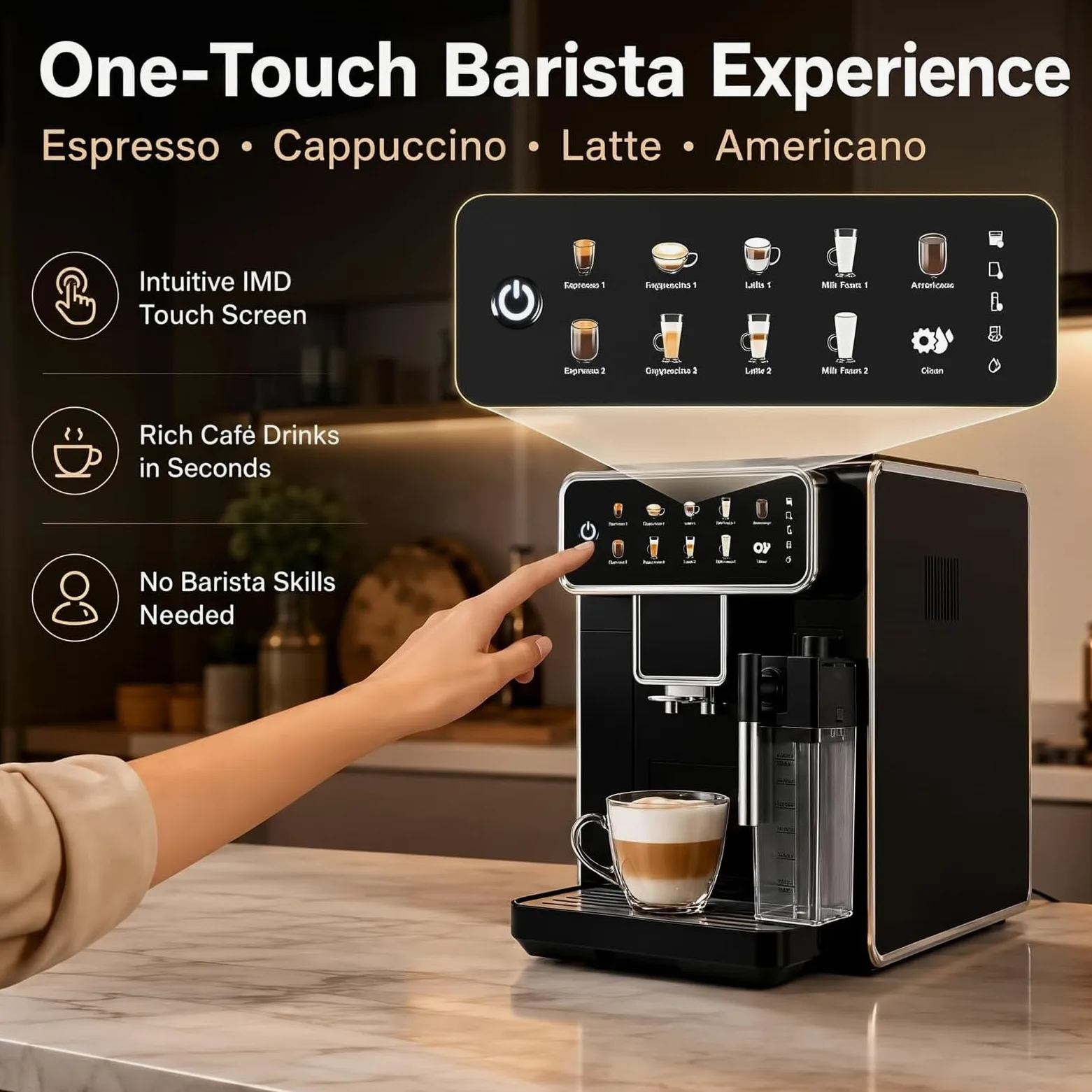 Máquina De Café Espresso Con Bomba De 15 Bares Y Espumador De Leche Con | Cafetera Espresso Automática Con Molinillo De Granos Calentamiento De 1350W Depósito De Leche Sistema De Limpieza(A)