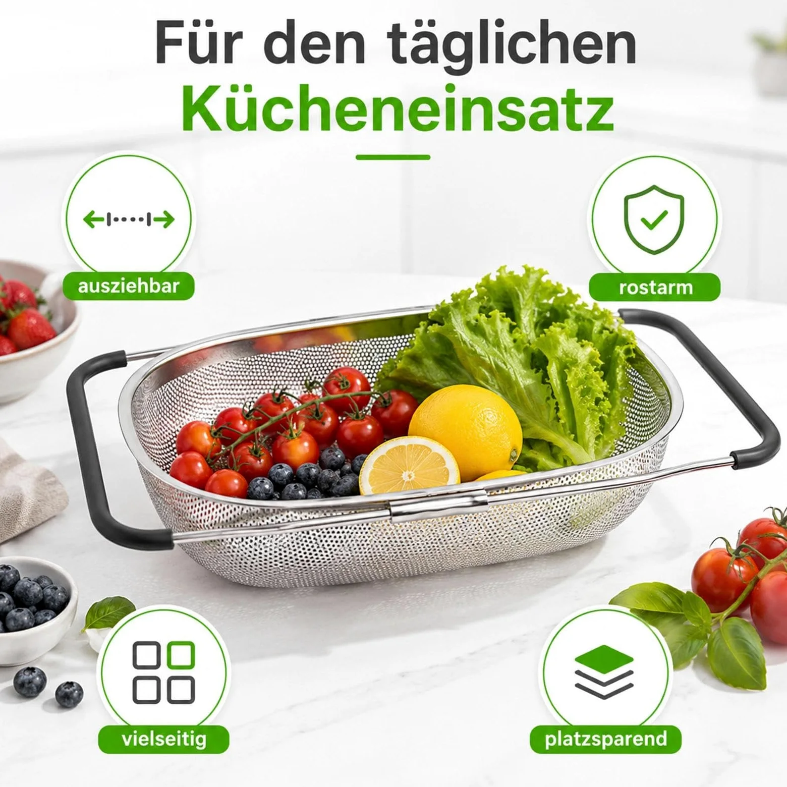 Colador de cocina extensible 27 x 18 x 11,5 cm (27 x 18 x 11,5 cm), colador de acero inoxidable para escurrir, lavar frutas y verduras