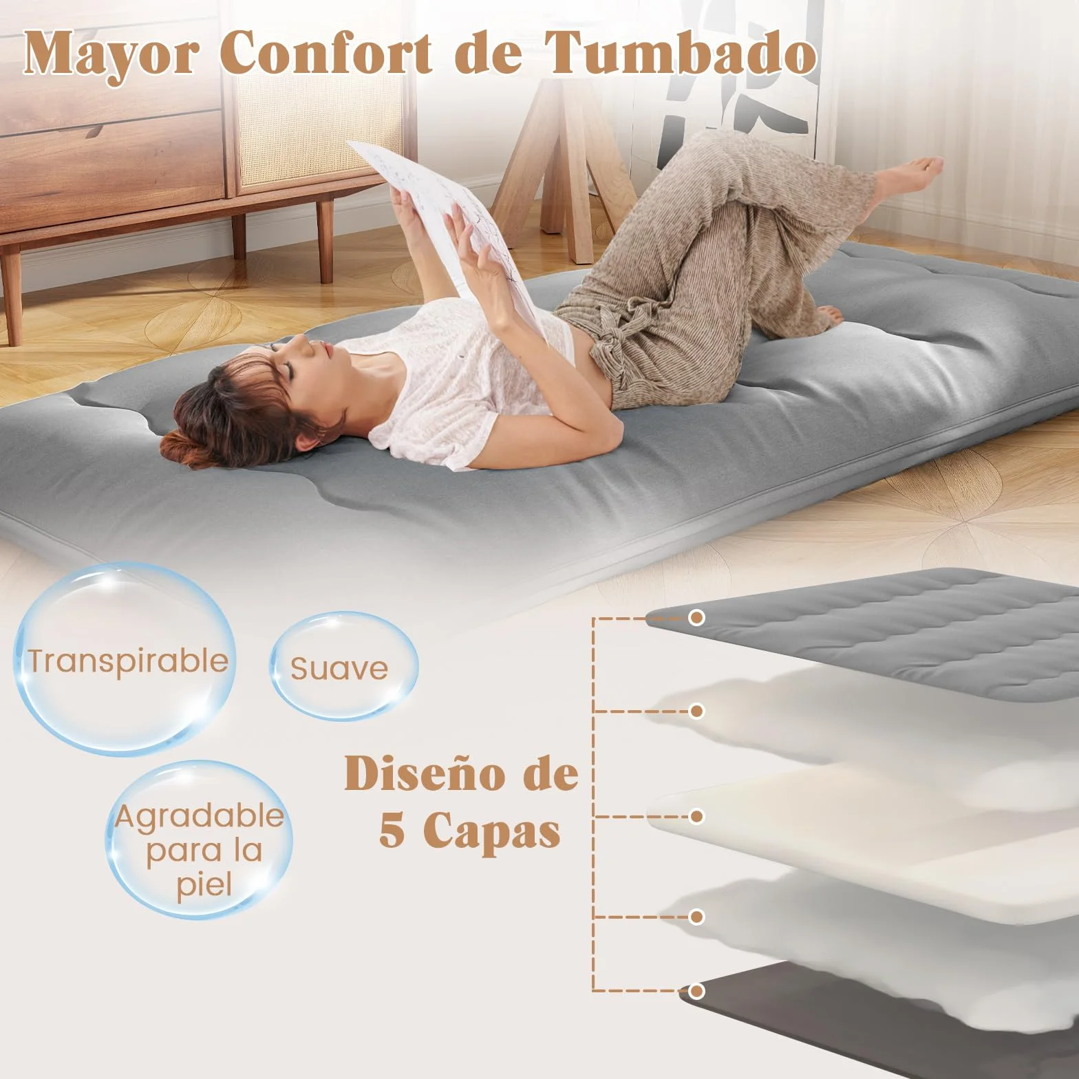 GOPLUS Colchón Futón Japonés 1/2 Personas, Colchoneta Plegable y Portátil con Bolsa de Transporte, Tapete de Tatami para Camping Viaje (Gris,200 x 90 cm)