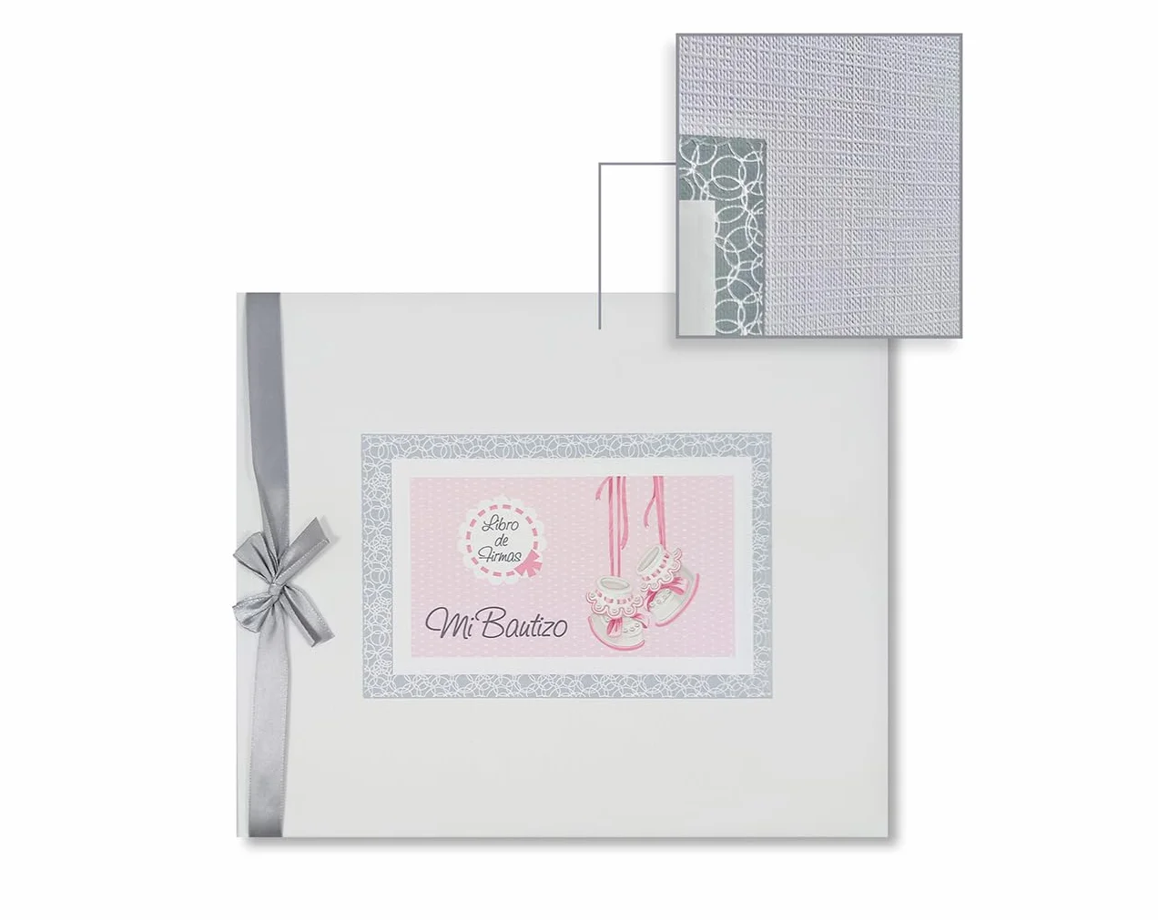 Libro de firmas bautizo bebe niña, libro visitas medidas, 27,5 x 23 x 2, 64 paginas, tapa dura, forrada gua Flex, con lazo plateado, más porta móviles personalizable, para poner la foto del bebe