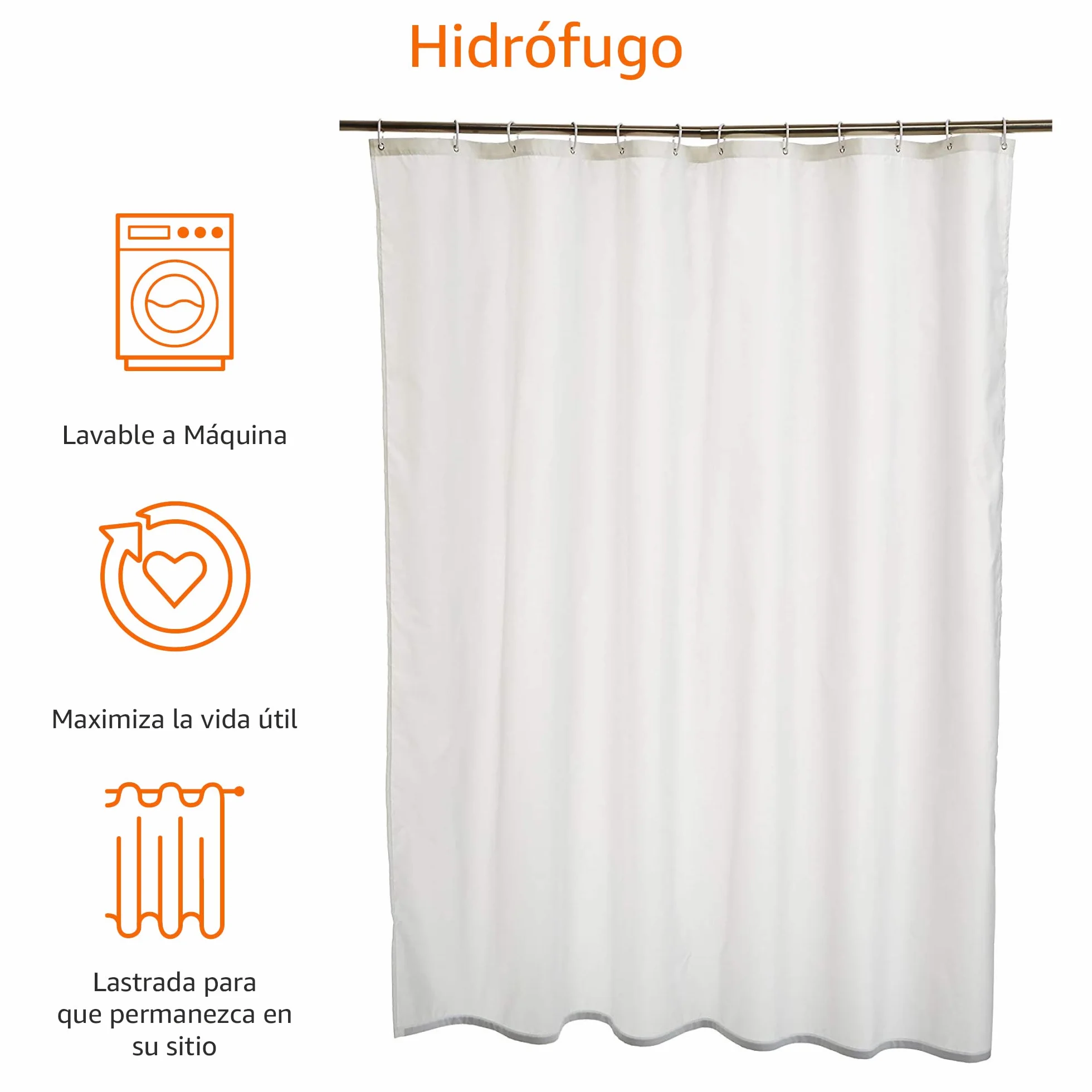 Amazon Basics Cortina de Ducha de Tela Resistente al Agua y al Moho, con Ojales y Ganchos, Lavable a máquina, 180 x 180 cm, Color Blanco