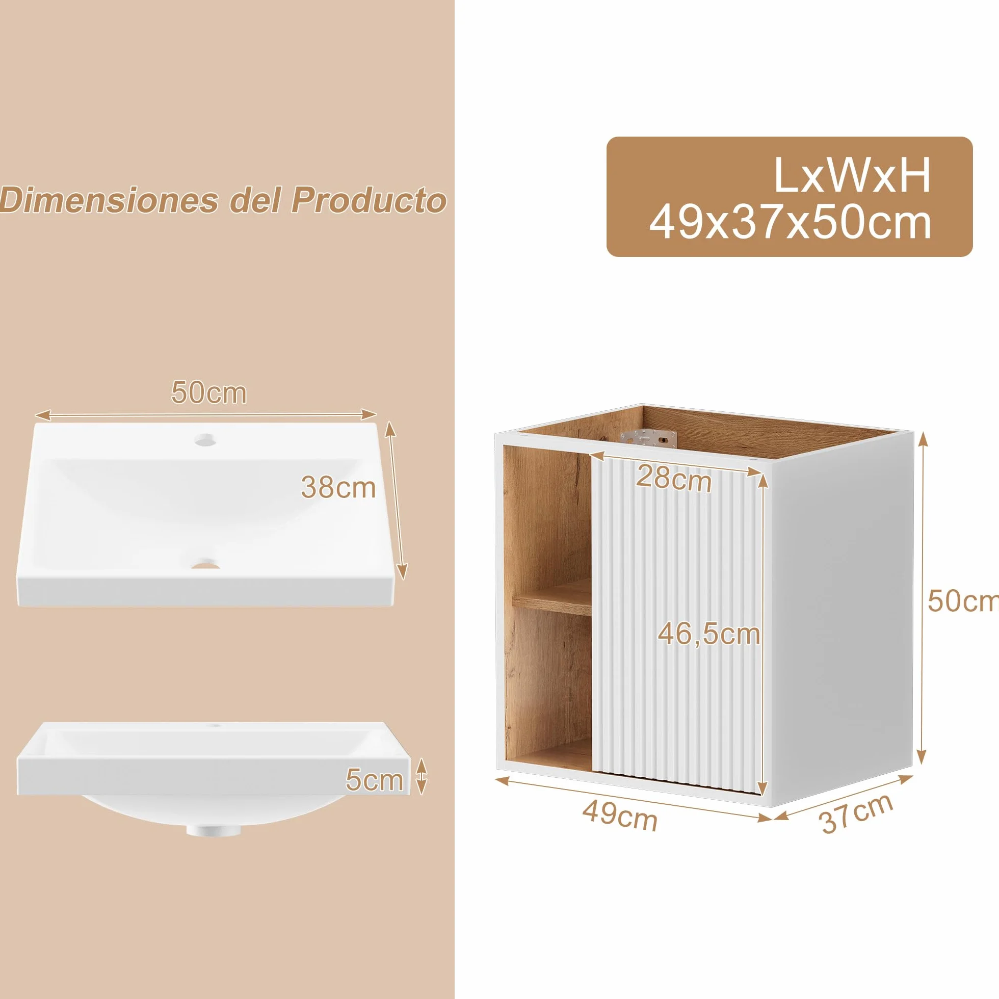 UEV Mueble de Baño con Lavabo de Resina y Grifo en el Centro, Mueble de Baño Suspendido con Diseño único y Práctico, Motivo de Rayas Verticales, 49 x 37 x 50 cm, Blanco