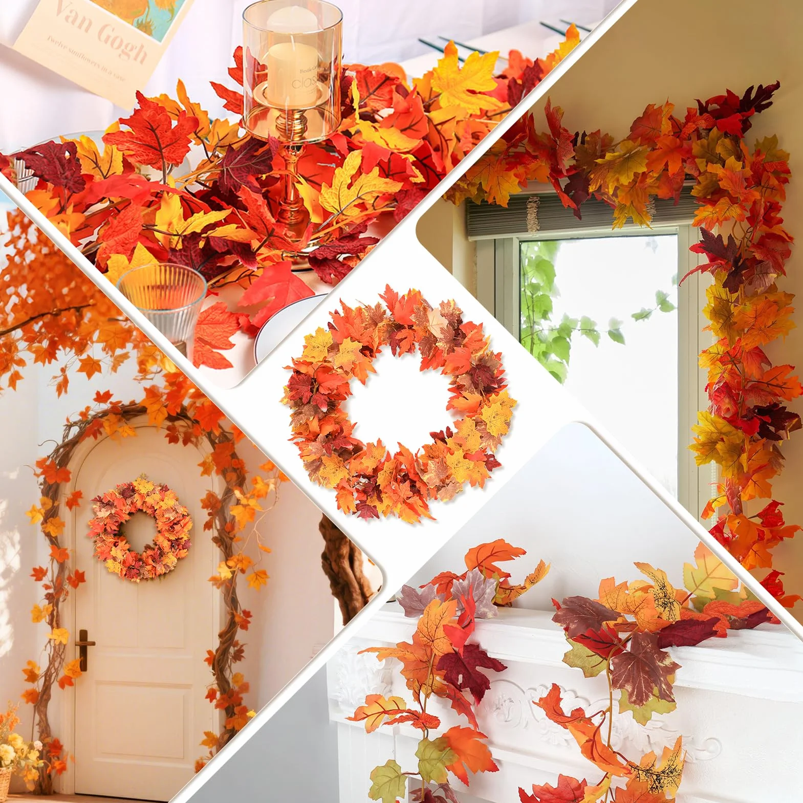 2 Pack Guirnalda de Hojas de Arce Artificial - Total 3,6 m Decoración de Otoño para Thanksgiving, Halloween, Navidad - Decoración de Chimenea, Bodas, Fiestas (Burdeos, Oro, Naranja)