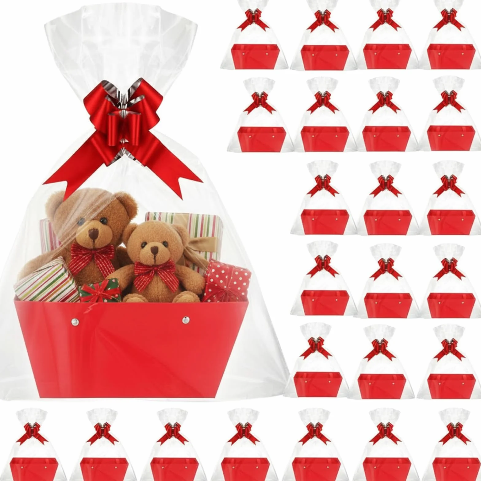 PerKoop 24 juegos de cestas para regalos vacías para llenar, cesta de regalo de papel kraft con asas, 24 cestas navideñas a granel, 24 bolsas de envoltura, 24 lazos para bodas, fiestas de cumpleaños,