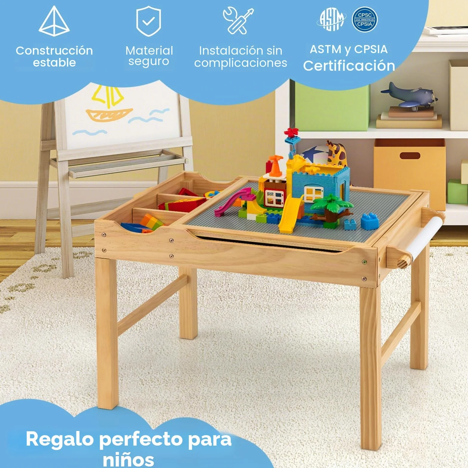 GOPLUS Mesa de Actividades 2 en 1 con Tablero Reversible, Mesa de Construcción para Niños de 3+ Años con Espacio de Almacenaje Clasificado, Mesa de Juego de Madera con Barra Lateral, 86,5X60X57CM
