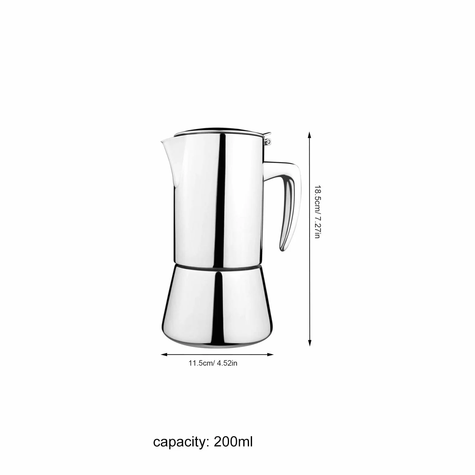 Cafetera Italiana de Acero Inoxidable 200ml Mango Antiquemaduras, Apta para Estufas de Inducción, Adecuado para Uso en Casa o Cafeterías
