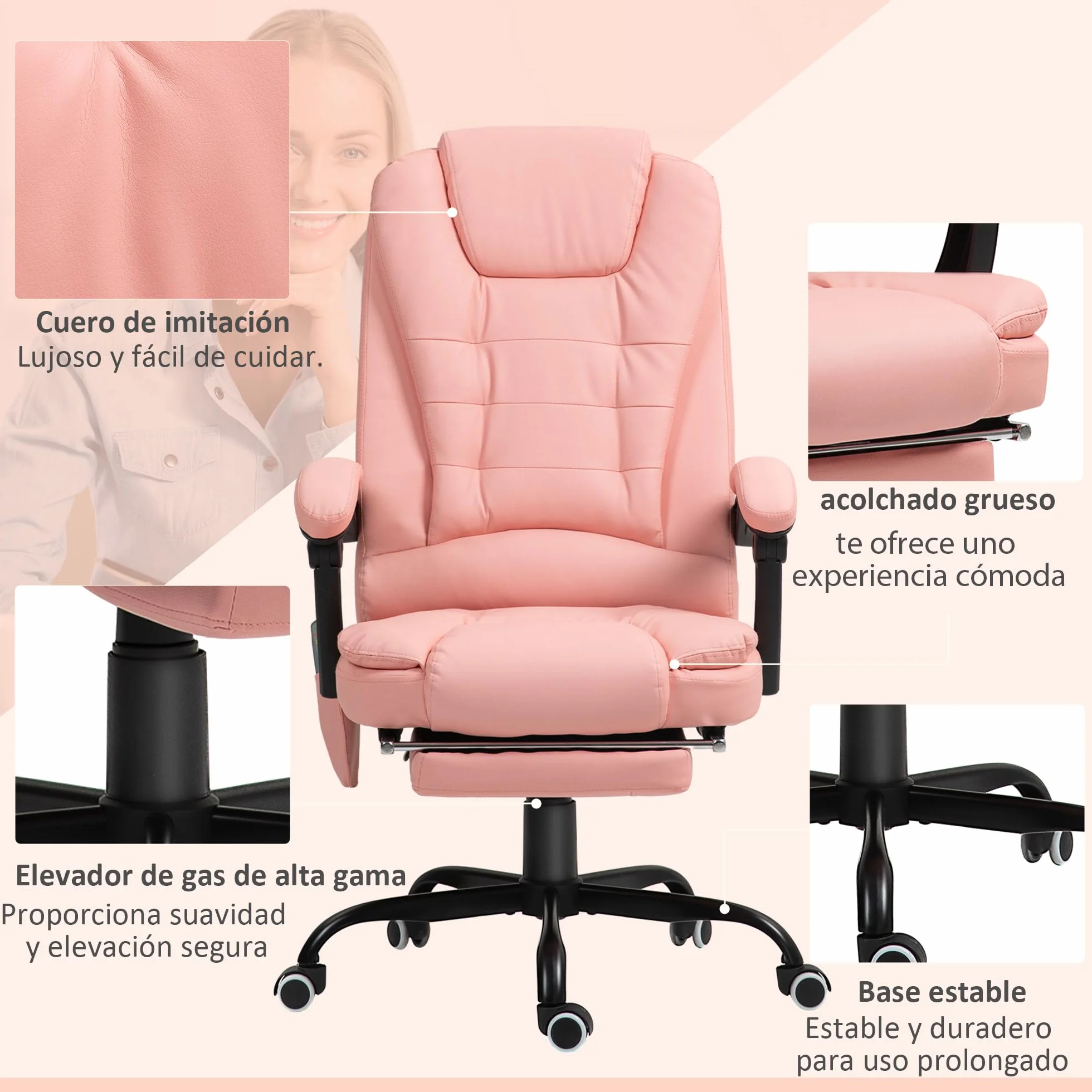 Vinsetto Silla de Oficina con 7 Puntos de Masaje Silla de Masaje Giratoria Silla de Escritorio con Reposapiés Retráctil Altura Ajustable Control Remoto y Tejido de PU Rosa