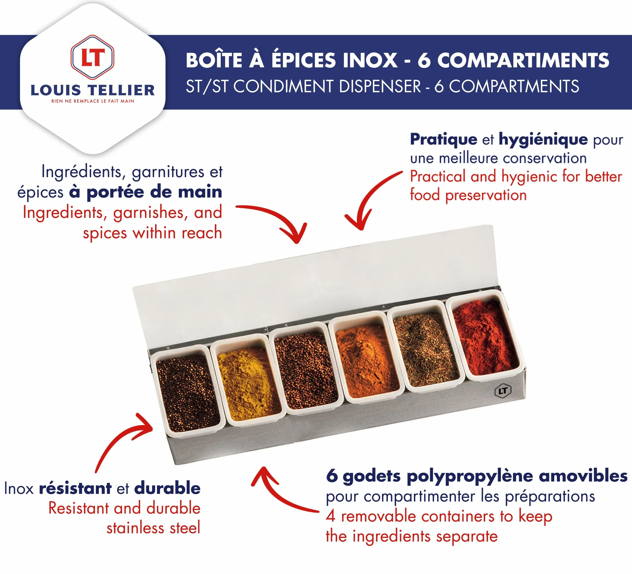 LOUIS TELLIER – Caja de especias y condimentos con 6 compartimentos – INOX – Práctico expositor y dispensador para especias, ingredientes y rellenos a mano – Calidad profesional